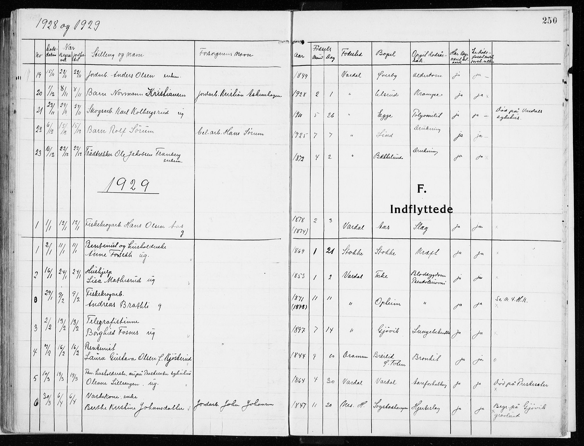 Vardal prestekontor, AV/SAH-PREST-100/H/Ha/Haa/L0017: Parish register (official) no. 17, 1915-1929, p. 250