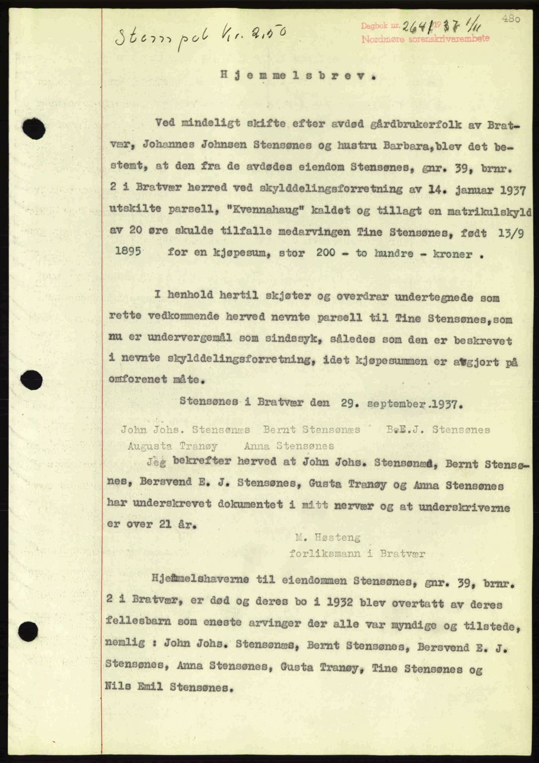 Nordmøre sorenskriveri, SAT/A-4132/1/2/2Ca: Mortgage book no. A82, 1937-1938, Diary no: : 2641/1937