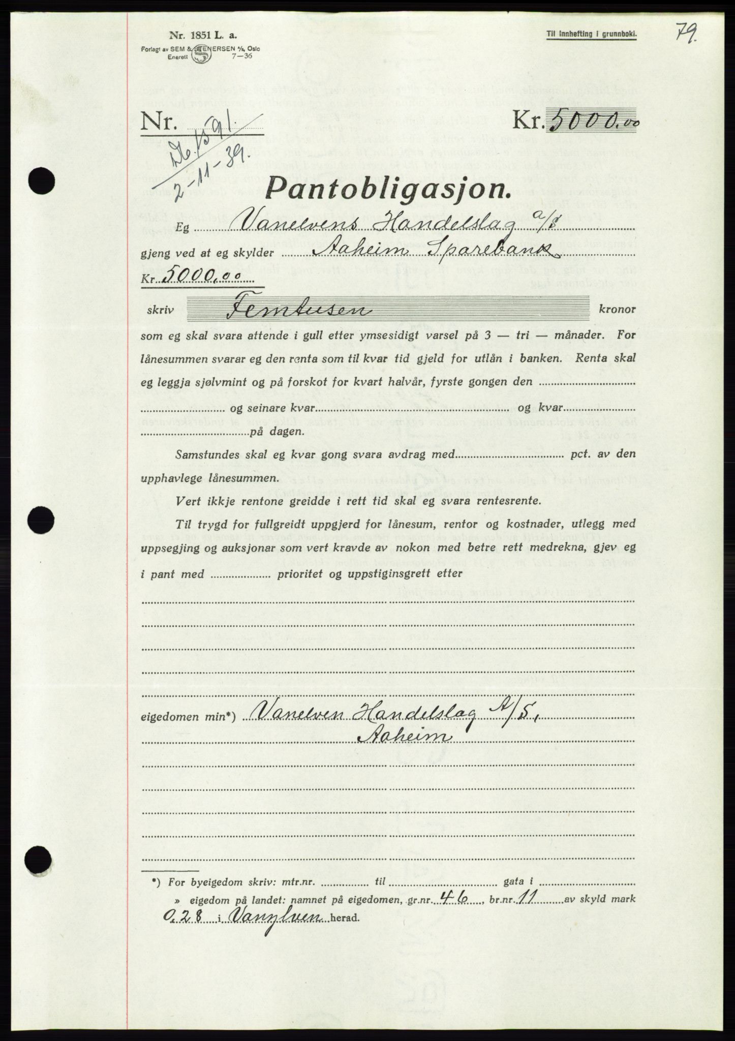 Søre Sunnmøre sorenskriveri, AV/SAT-A-4122/1/2/2C/L0069: Mortgage book no. 63, 1939-1940, Diary no: : 1591/1939