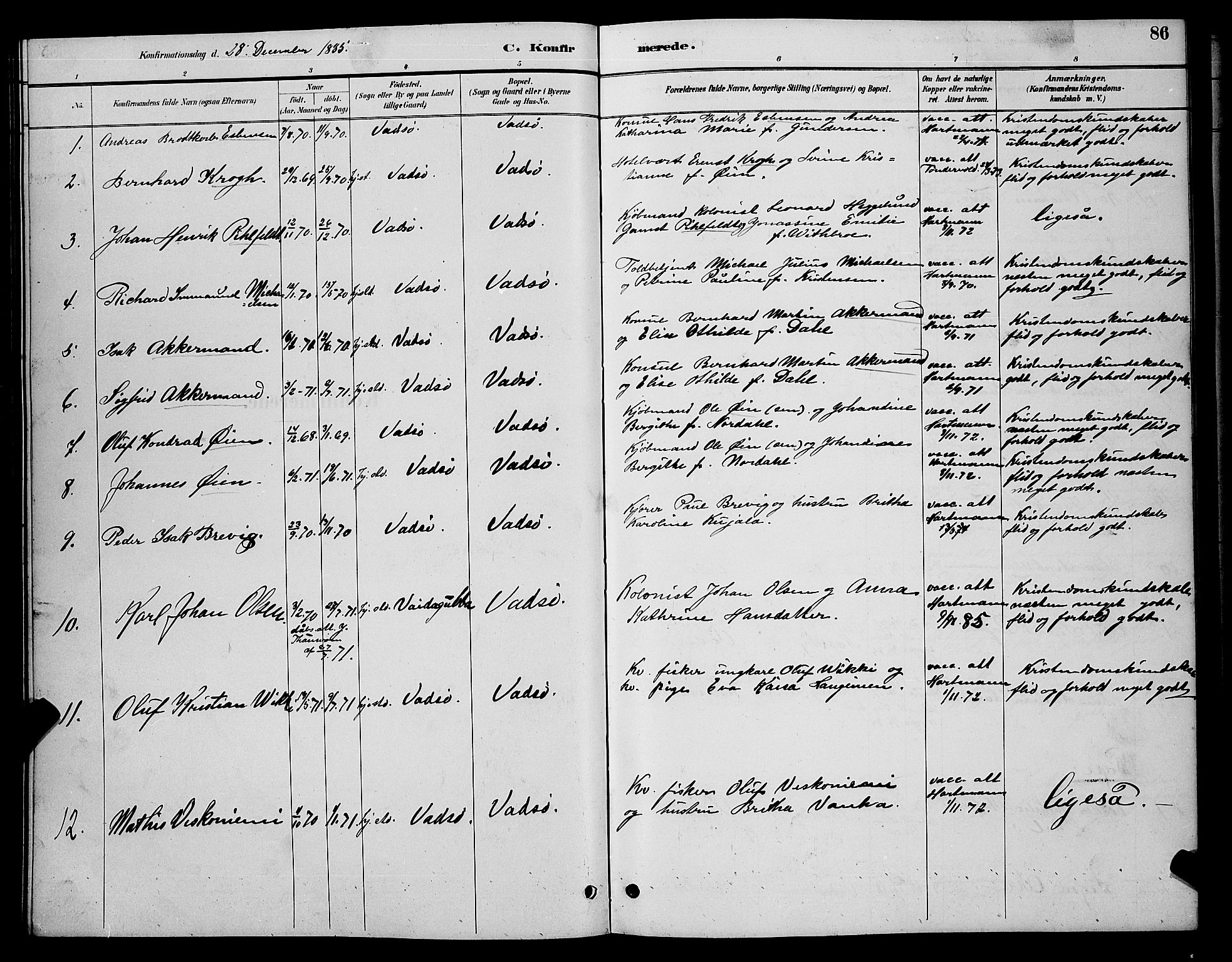 Vadsø sokneprestkontor, SATØ/S-1325/H/Hb/L0004klokker: Parish register (copy) no. 4, 1885-1895, p. 86