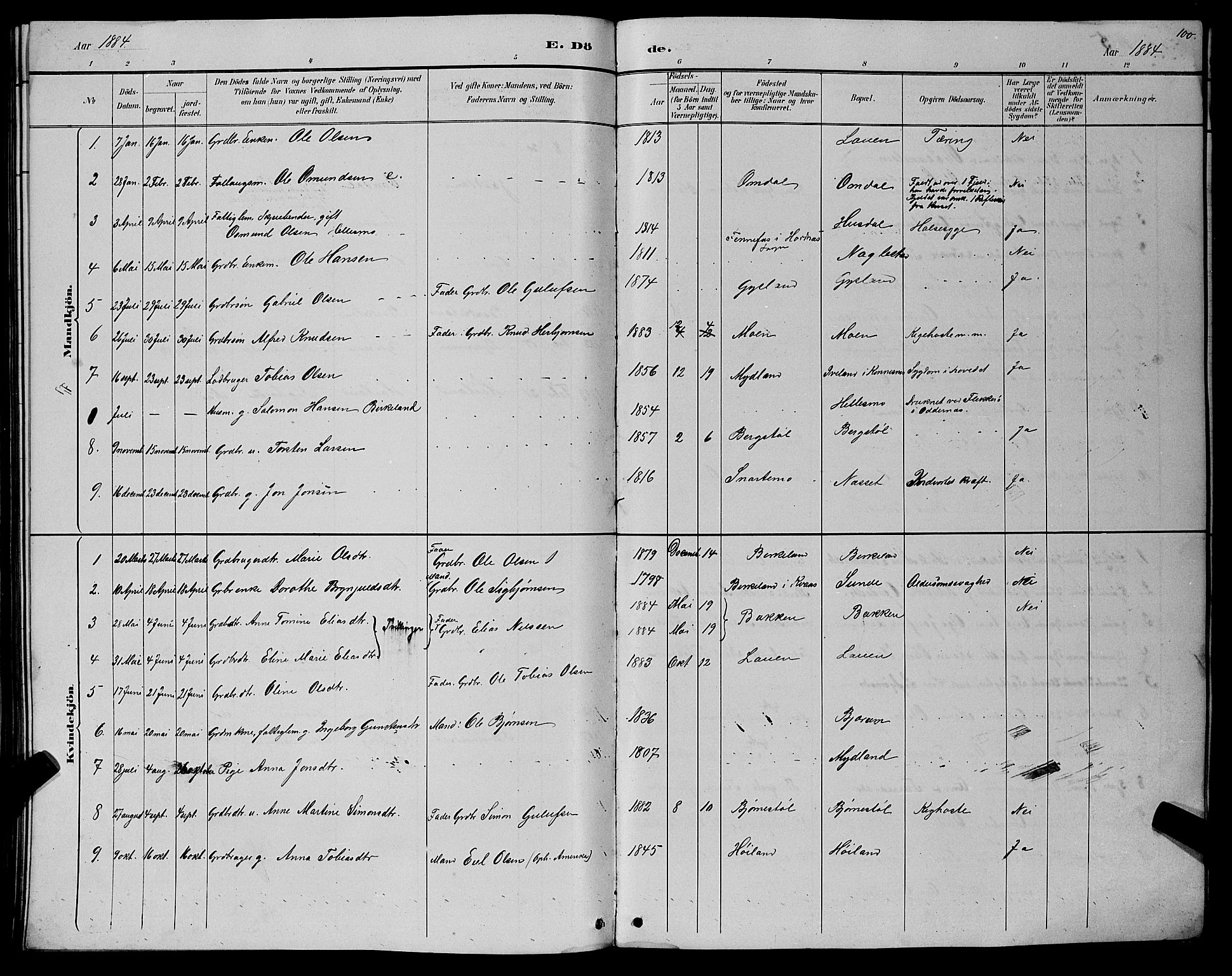 Hægebostad sokneprestkontor, SAK/1111-0024/F/Fb/Fba/L0003: Parish register (copy) no. B 3, 1883-1896, p. 100