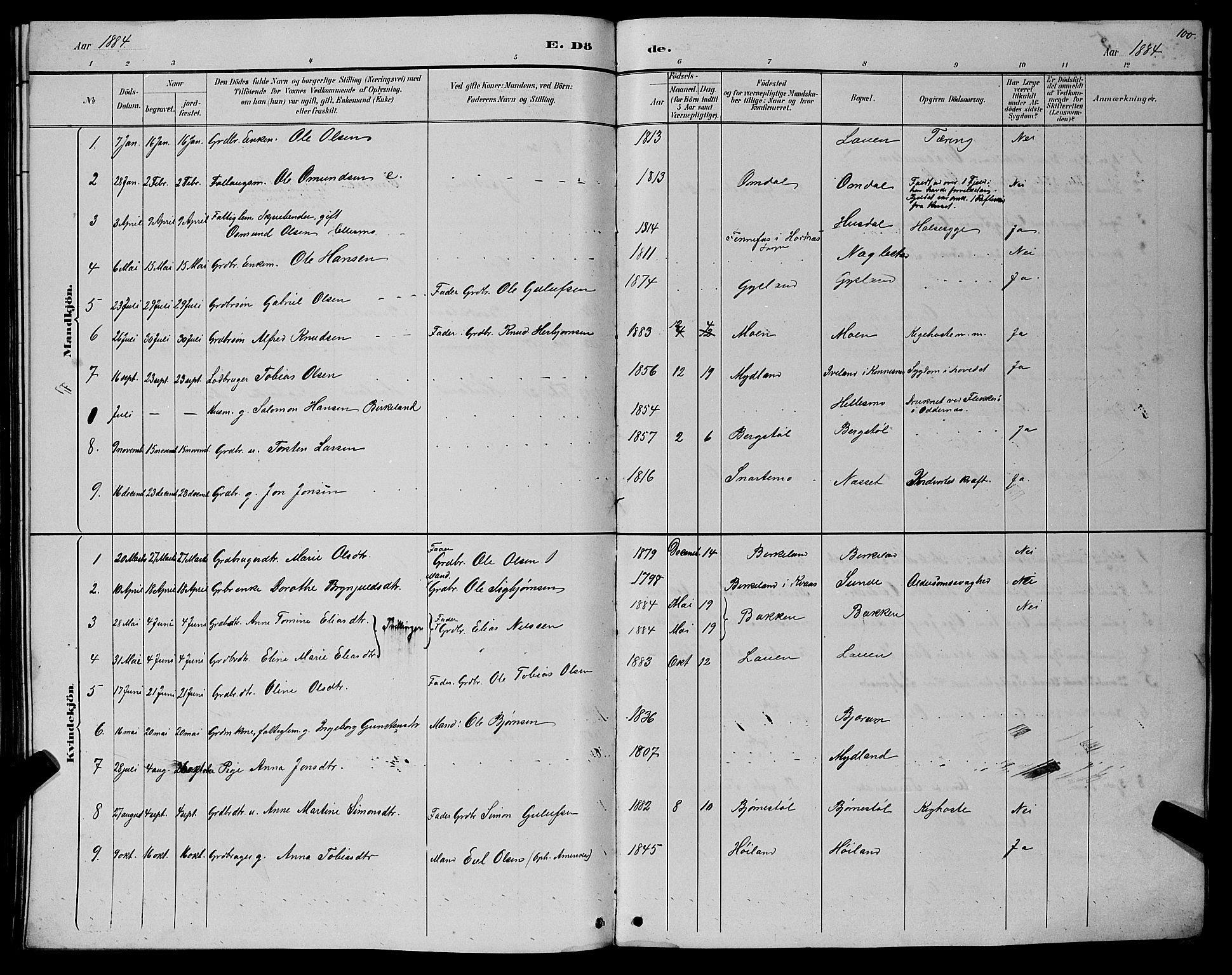 Hægebostad sokneprestkontor, AV/SAK-1111-0024/F/Fb/Fba/L0003: Parish register (copy) no. B 3, 1883-1896, p. 100