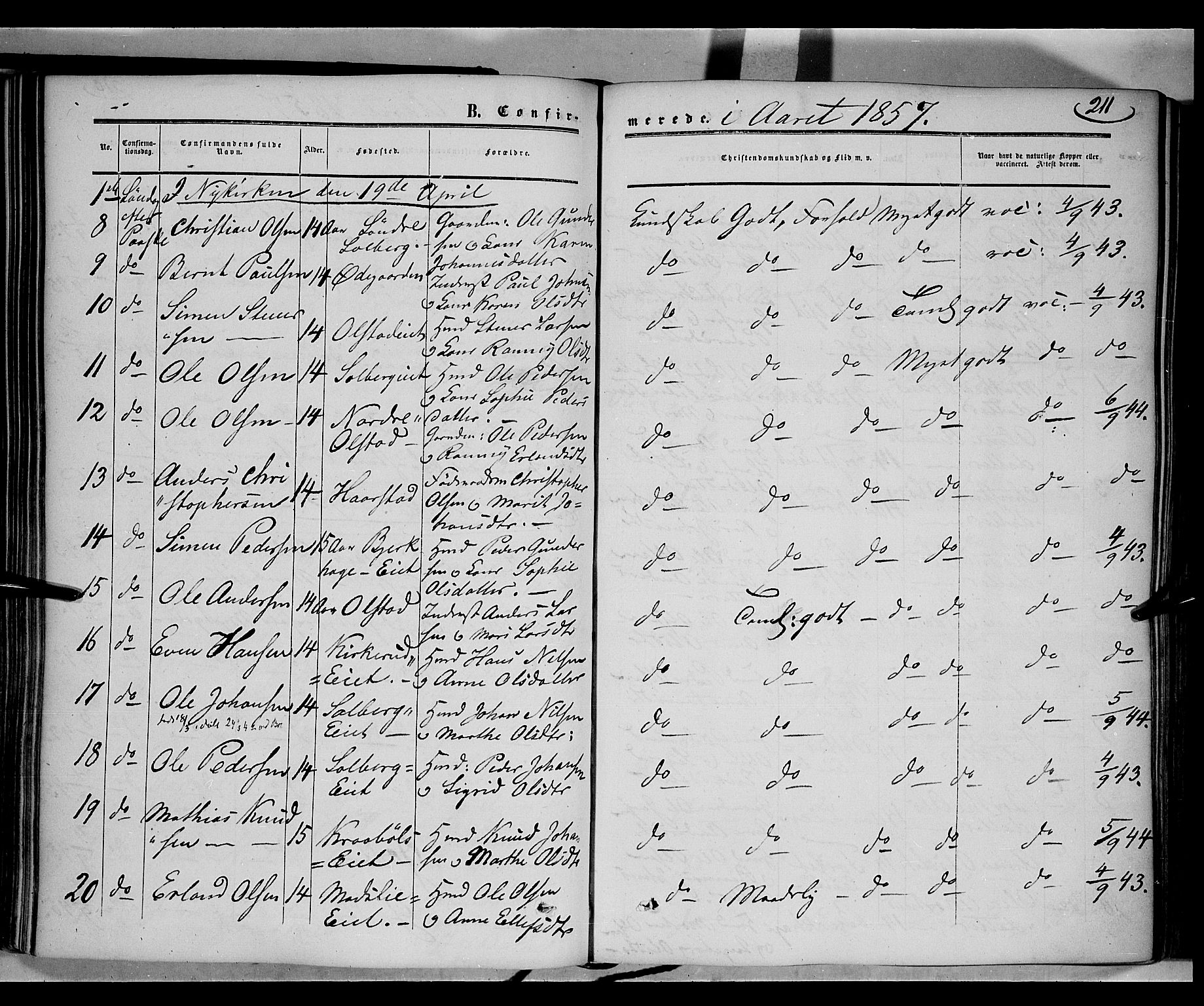 Gausdal prestekontor, SAH/PREST-090/H/Ha/Haa/L0008: Parish register (official) no. 8, 1850-1861, p. 211