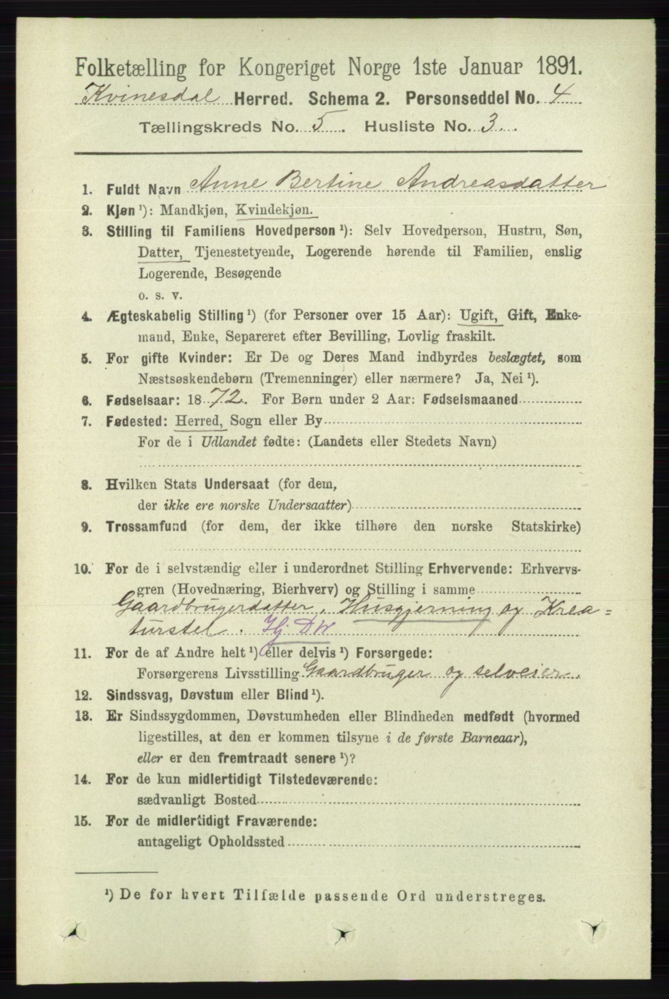 RA, 1891 census for 1037 Kvinesdal, 1891, p. 1715