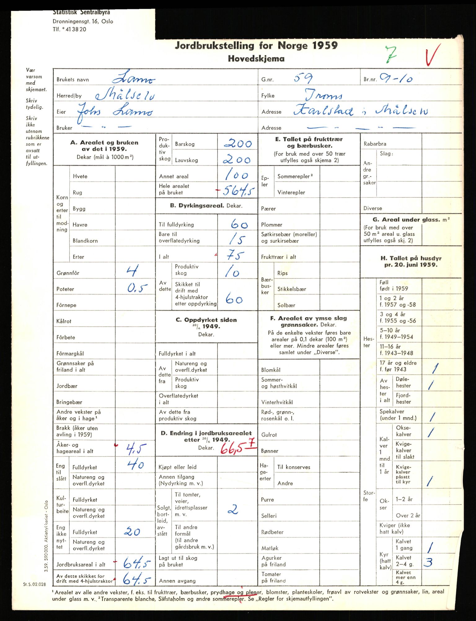 Statistisk sentralbyrå, Næringsøkonomiske emner, Jordbruk, skogbruk, jakt, fiske og fangst, AV/RA-S-2234/G/Gd/L0655: Troms: 1924 Målselv (kl. 4-10), 1959, p. 794