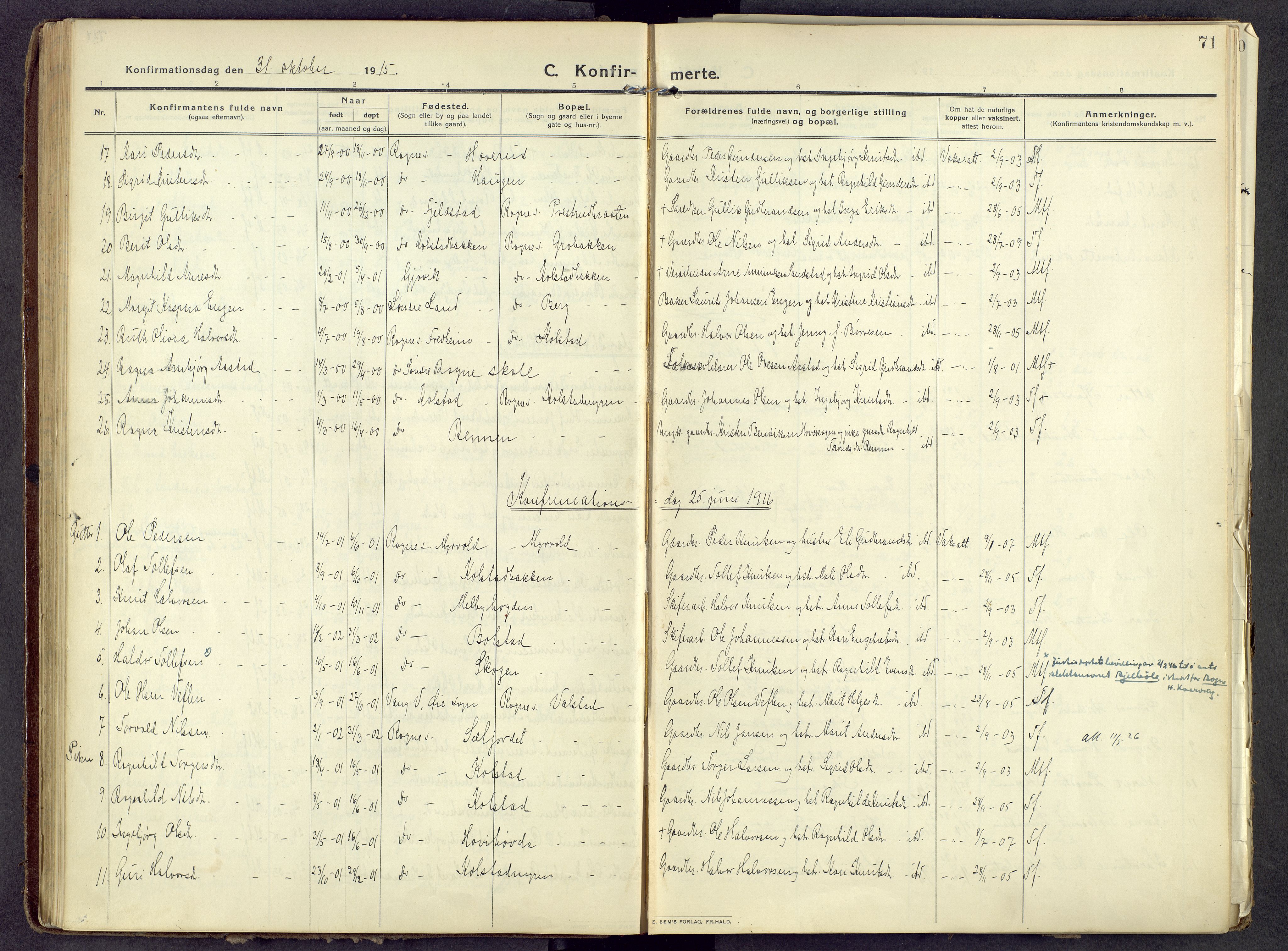 Øystre Slidre prestekontor, AV/SAH-PREST-138/H/Ha/Haa/L0006: Parish register (official) no. 6, 1911-1931, p. 71