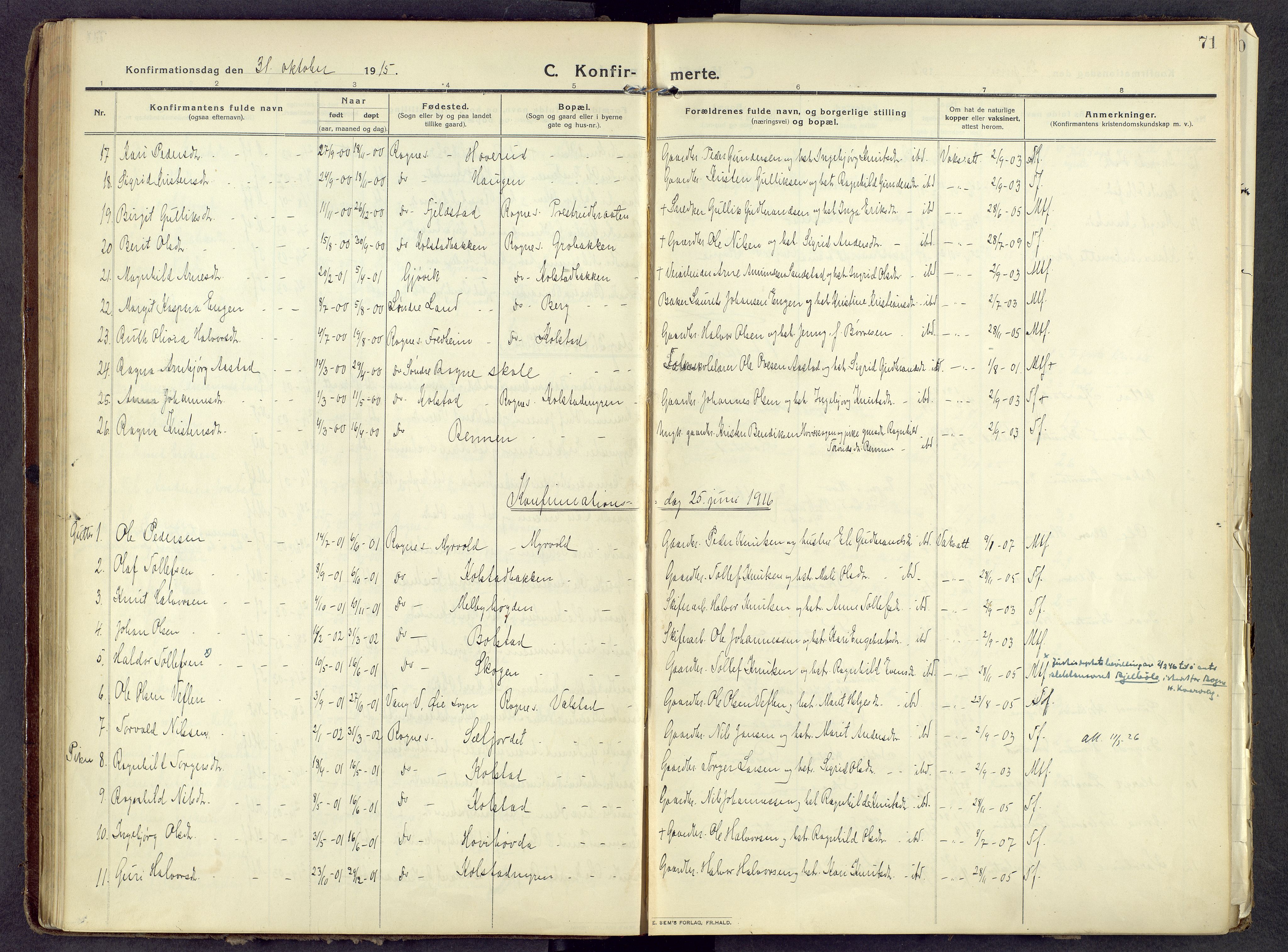 Øystre Slidre prestekontor, SAH/PREST-138/H/Ha/Haa/L0006: Parish register (official) no. 6, 1911-1931, p. 71