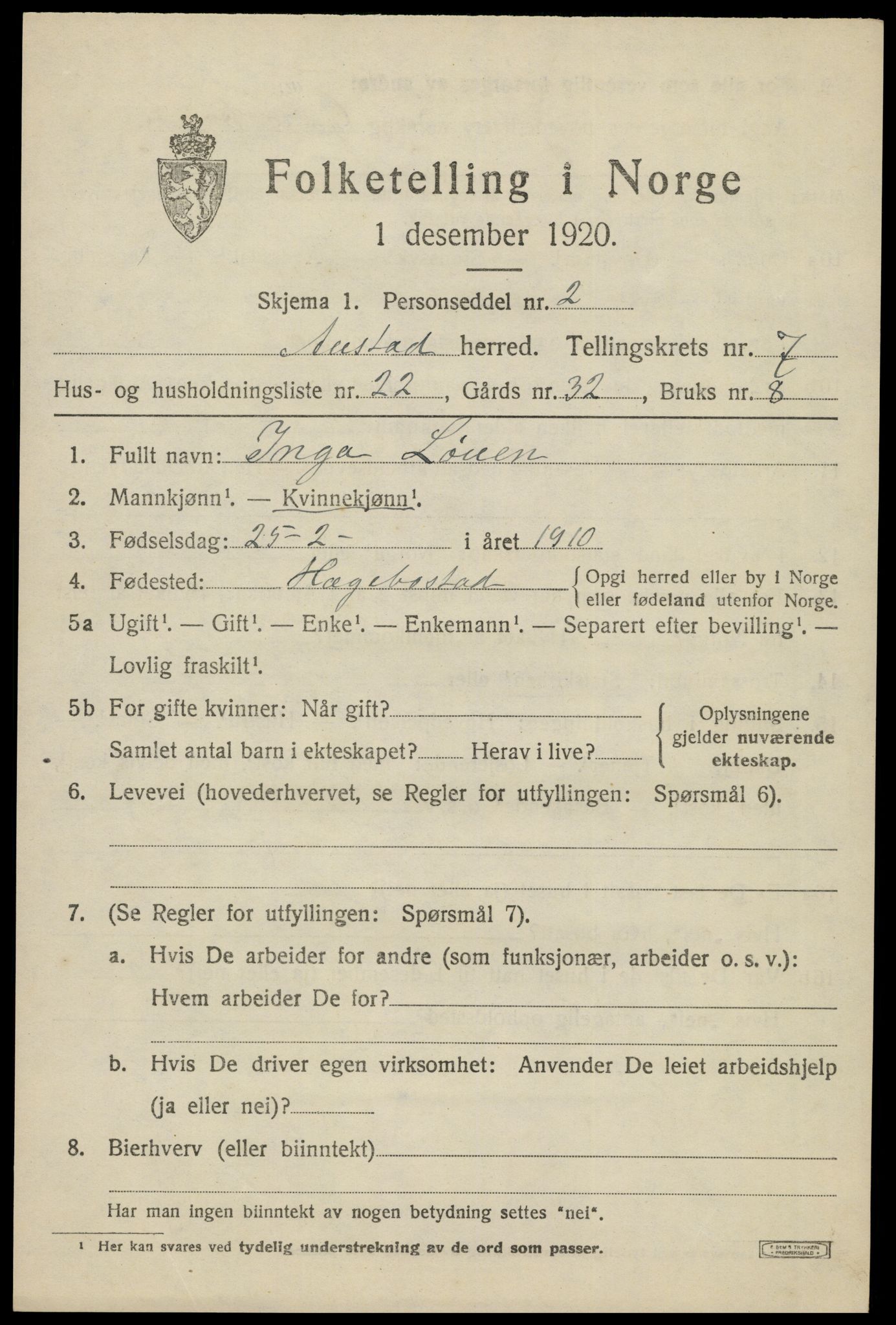 SAK, 1920 census for Austad, 1920, p. 2489