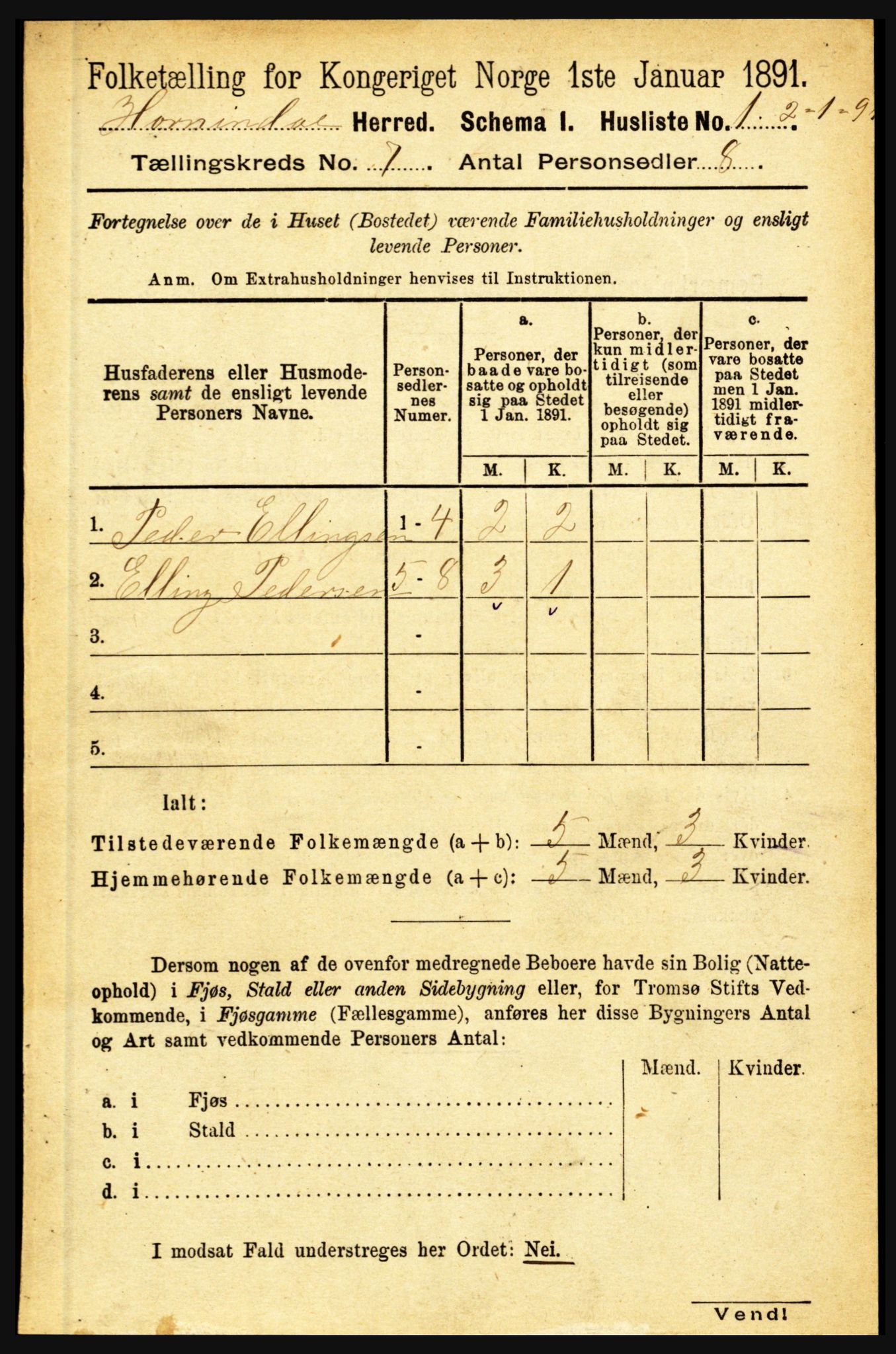 RA, 1891 census for 1444 Hornindal, 1891, p. 1727