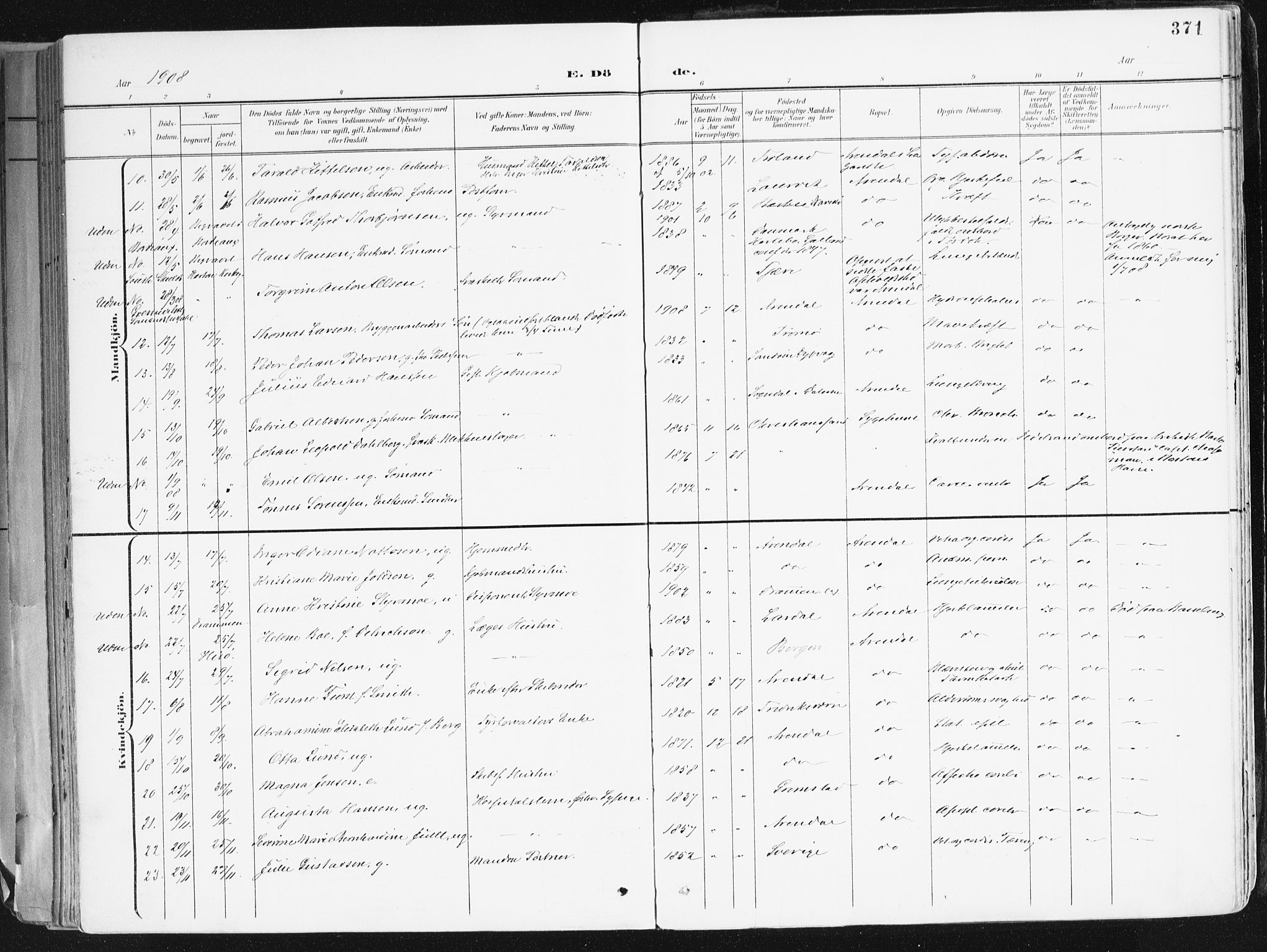 Arendal sokneprestkontor, Trefoldighet, SAK/1111-0040/F/Fa/L0010: Parish register (official) no. A 10, 1900-1919, p. 371
