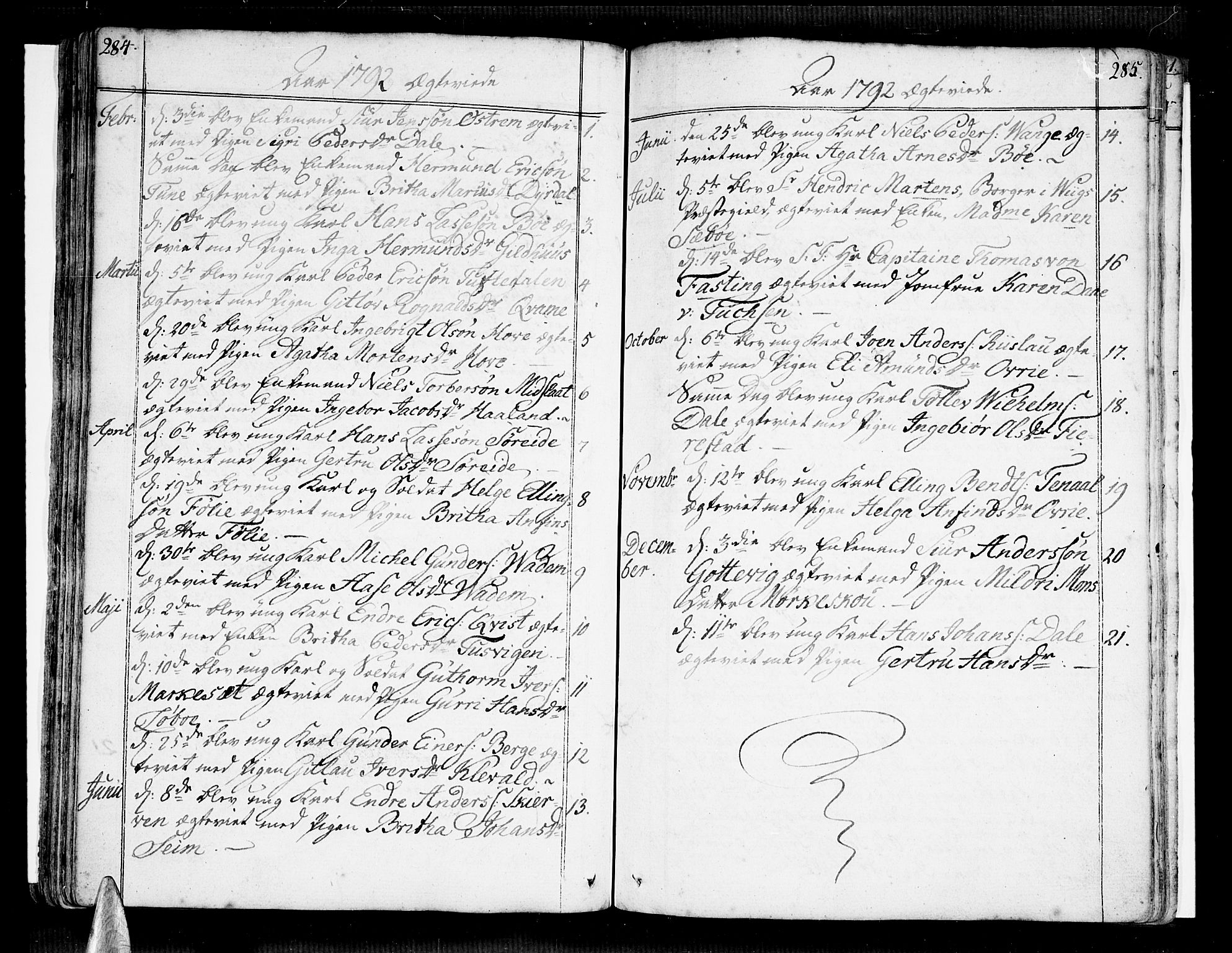 Vik sokneprestembete, SAB/A-81501: Parish register (official) no. A 5, 1787-1820, p. 284-285