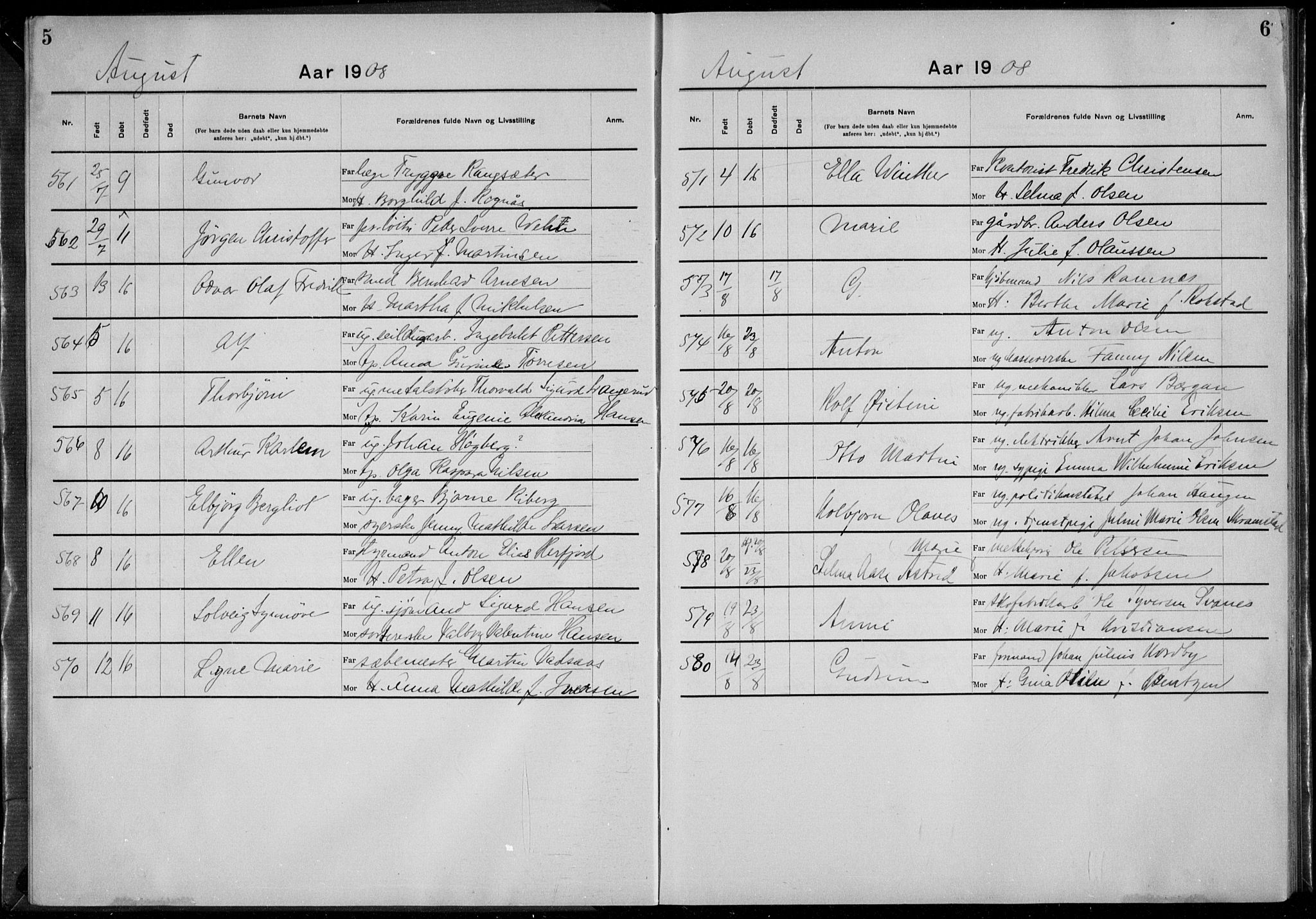 Rikshospitalet prestekontor Kirkebøker, AV/SAO-A-10309b/K/L0006/0003: Baptism register no. 6.3, 1908-1910, p. 5-6