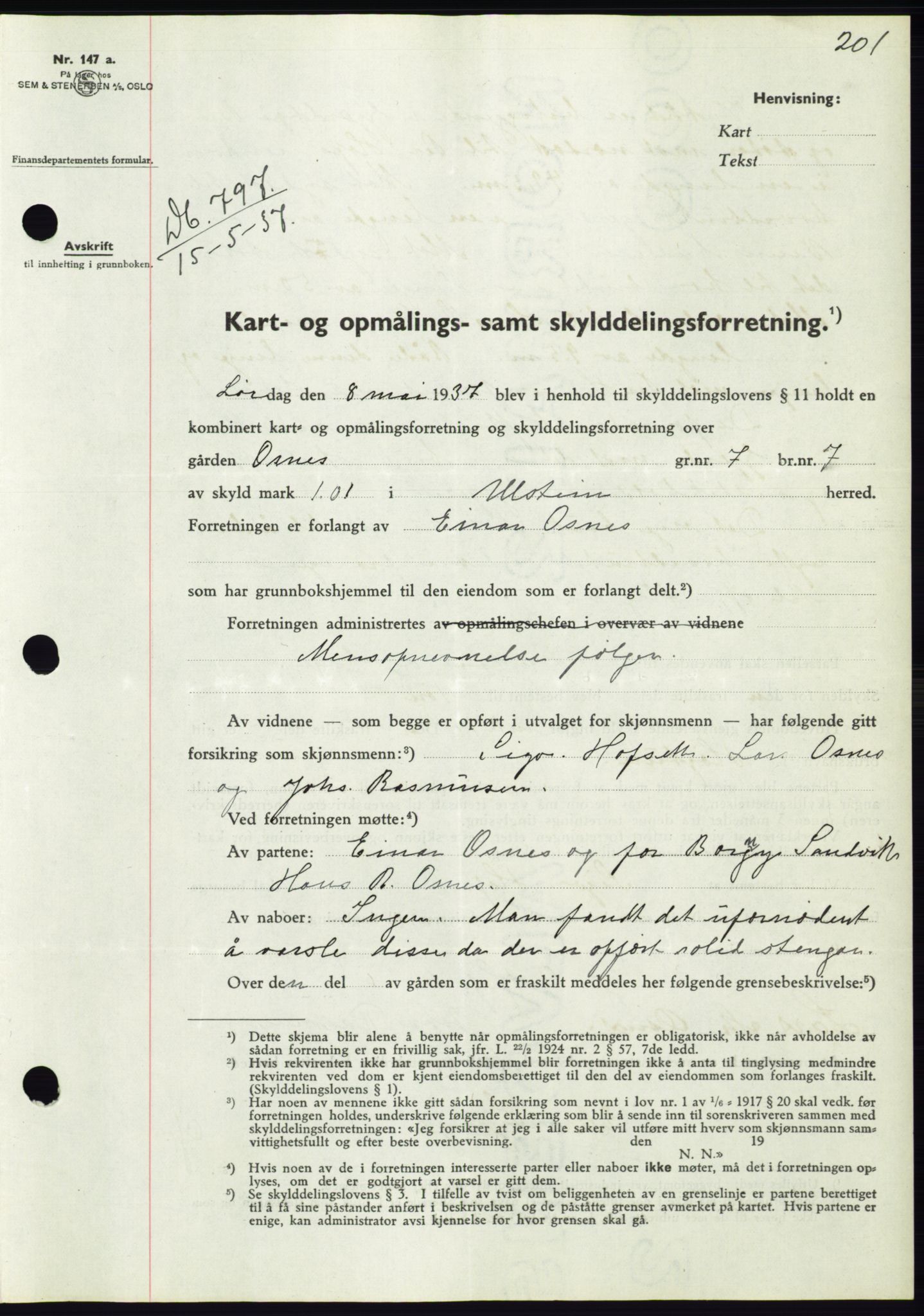 Søre Sunnmøre sorenskriveri, AV/SAT-A-4122/1/2/2C/L0063: Mortgage book no. 57, 1937-1937, Diary no: : 797/1937