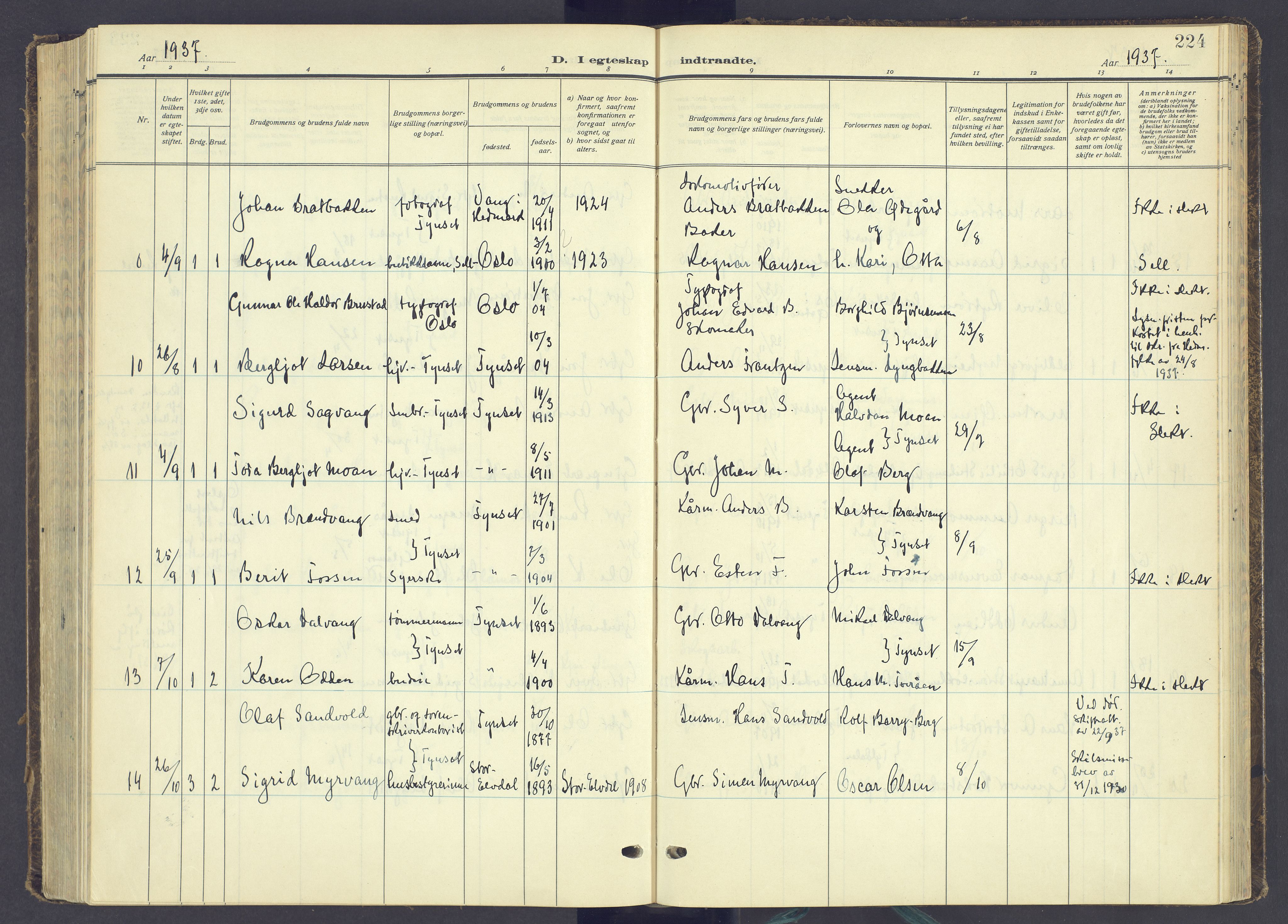 Tynset prestekontor, AV/SAH-PREST-058/H/Ha/Haa/L0027: Parish register (official) no. 27, 1930-1944, p. 224