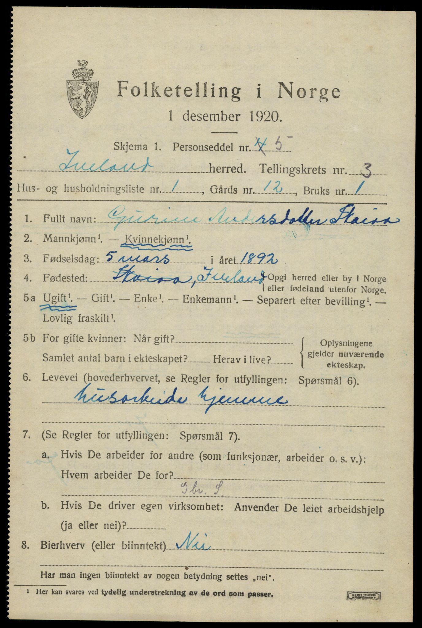 SAK, 1920 census for Iveland, 1920, p. 941