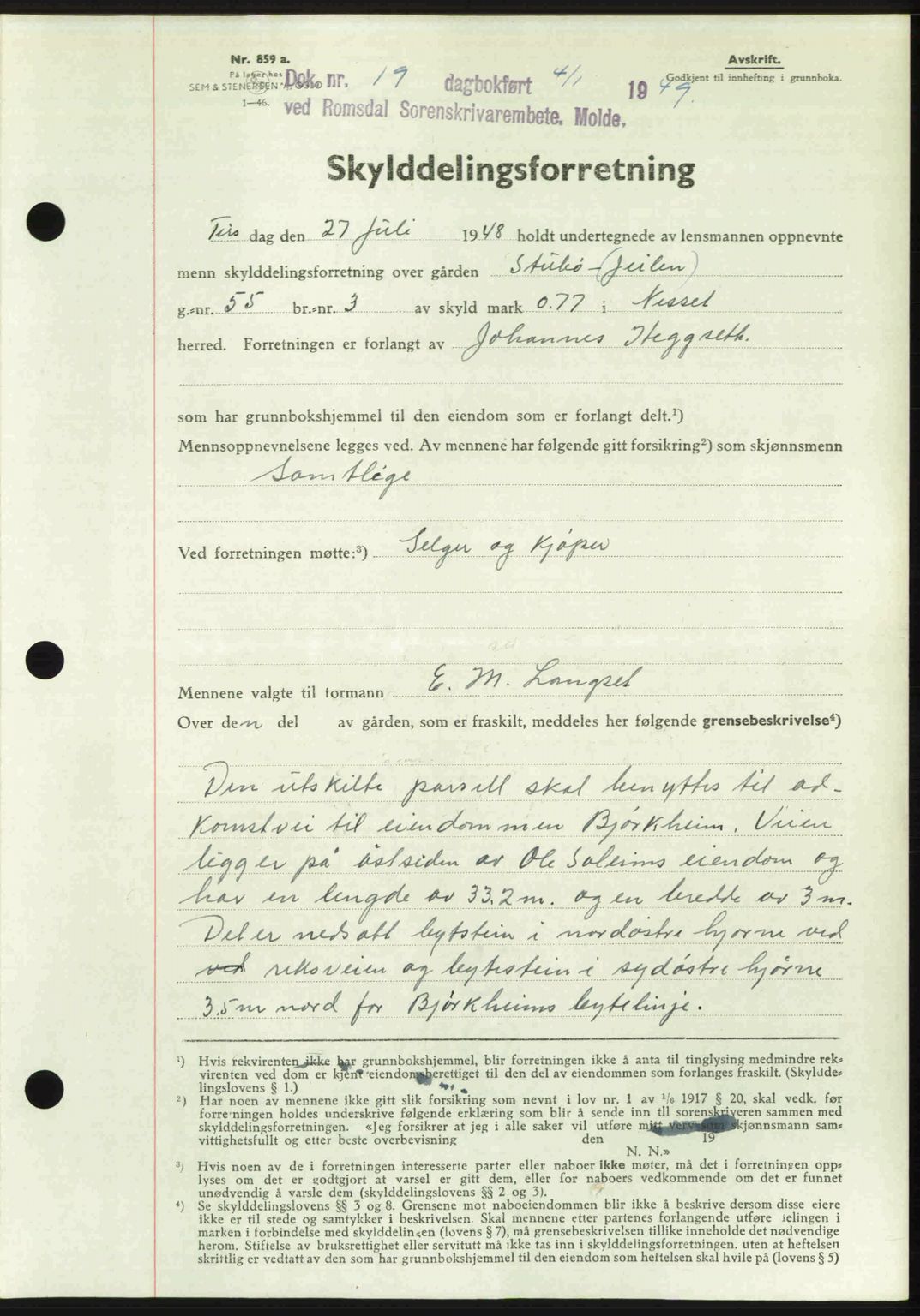 Romsdal sorenskriveri, AV/SAT-A-4149/1/2/2C: Mortgage book no. A28, 1948-1949, Diary no: : 19/1949