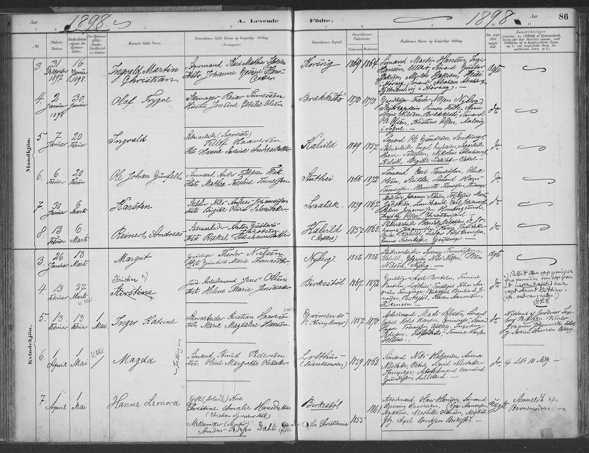 Vestre Moland sokneprestkontor, SAK/1111-0046/F/Fa/Fab/L0009: Parish register (official) no. A 9, 1884-1899, p. 86