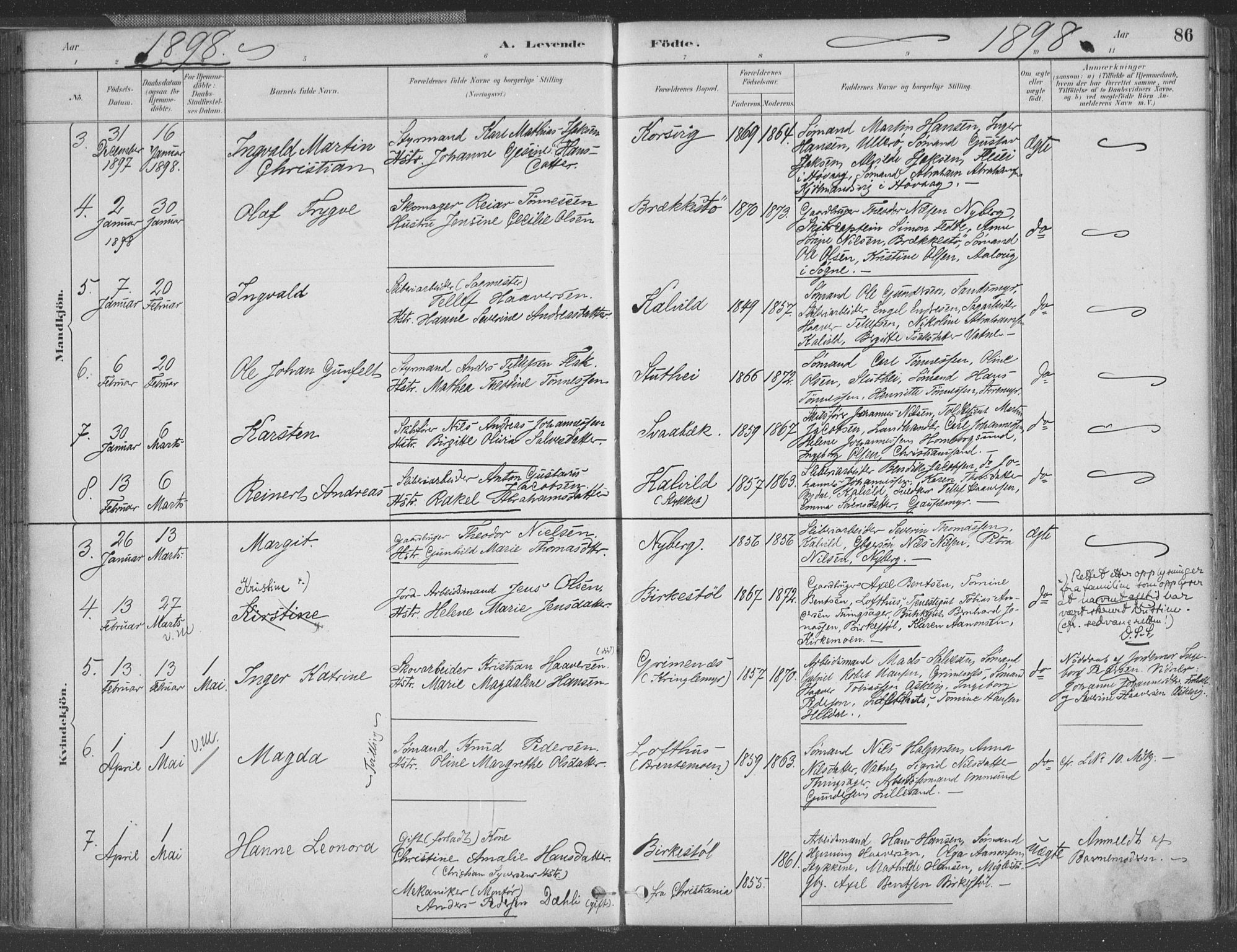 Vestre Moland sokneprestkontor, AV/SAK-1111-0046/F/Fa/Fab/L0009: Parish register (official) no. A 9, 1884-1899, p. 86