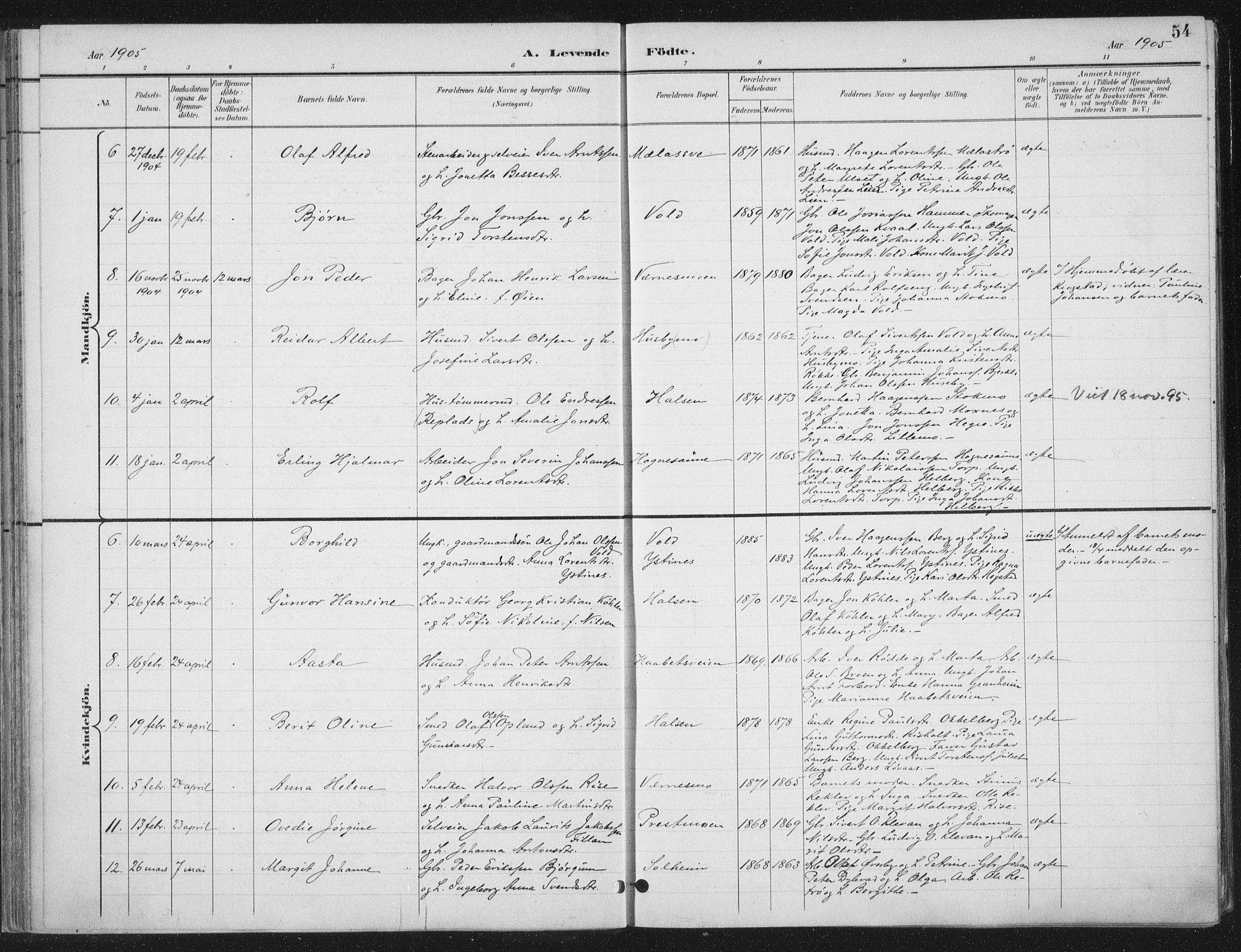 Ministerialprotokoller, klokkerbøker og fødselsregistre - Nord-Trøndelag, SAT/A-1458/709/L0082: Parish register (official) no. 709A22, 1896-1916, p. 54