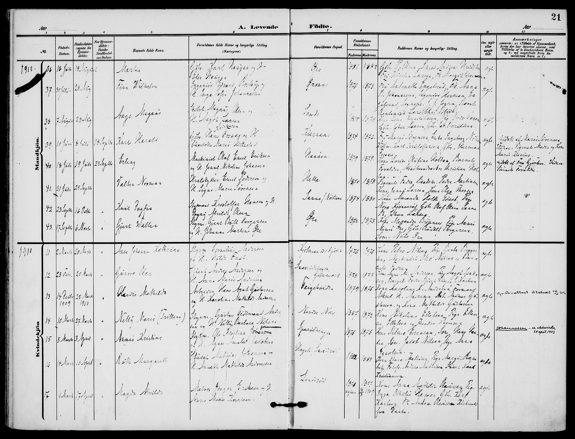 Nøtterøy kirkebøker, AV/SAKO-A-354/F/Fa/L0010: Parish register (official) no. I 10, 1908-1919, p. 21