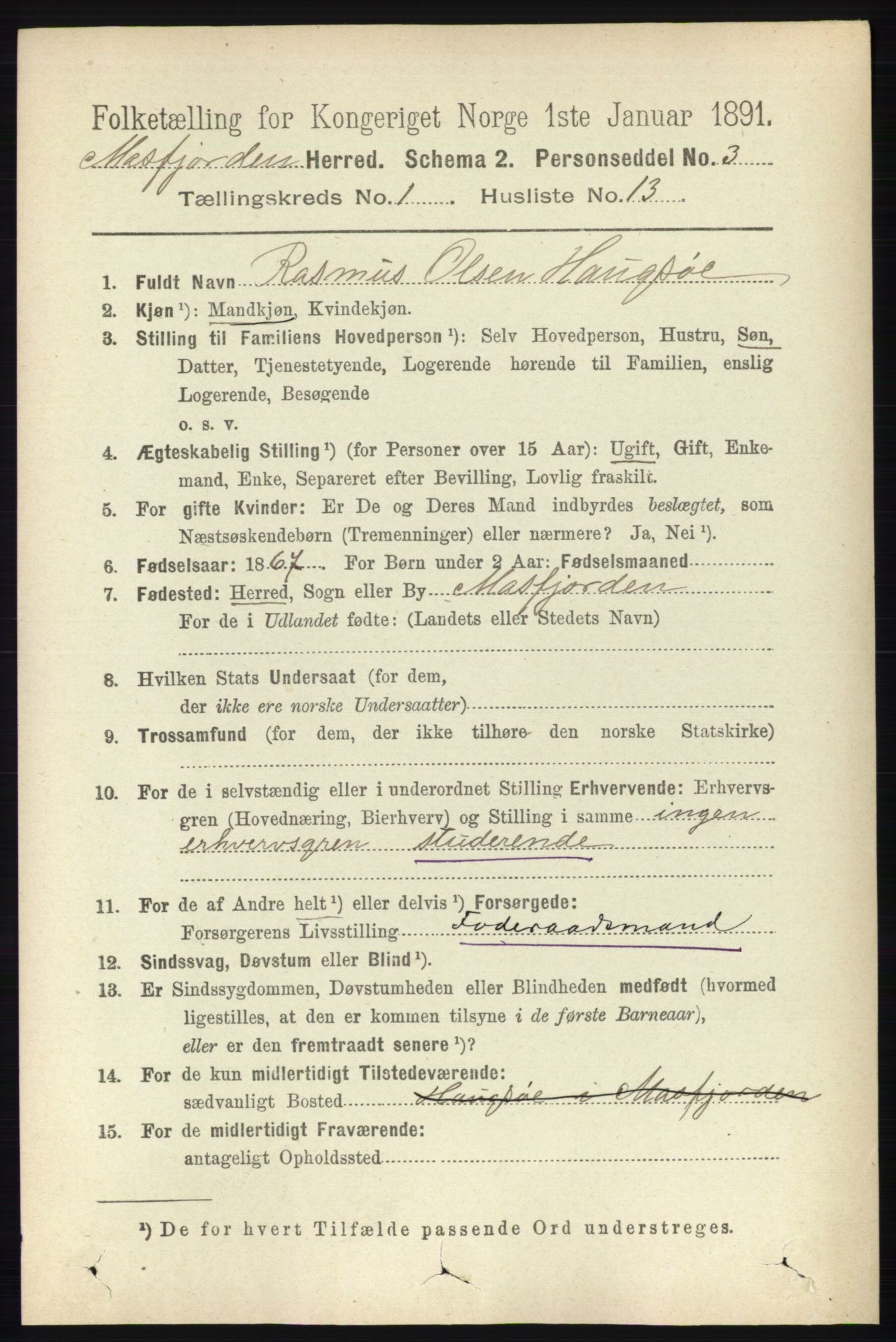 RA, 1891 census for 1266 Masfjorden, 1891, p. 129