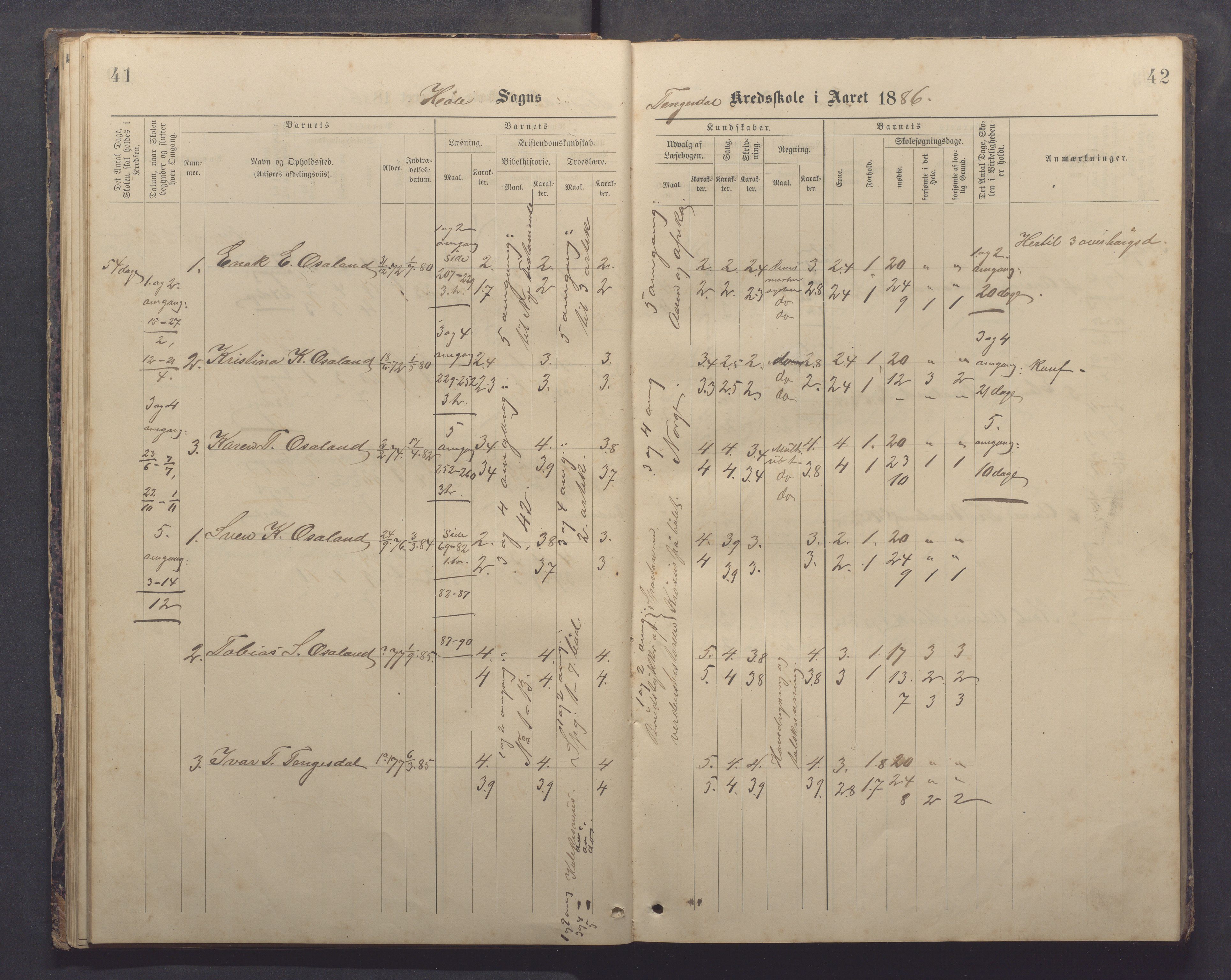 Høle kommune - Tengesdal skole, IKAR/K-100033/F/L0001: Skoleprotokoll, 1884-1893, p. 41-42