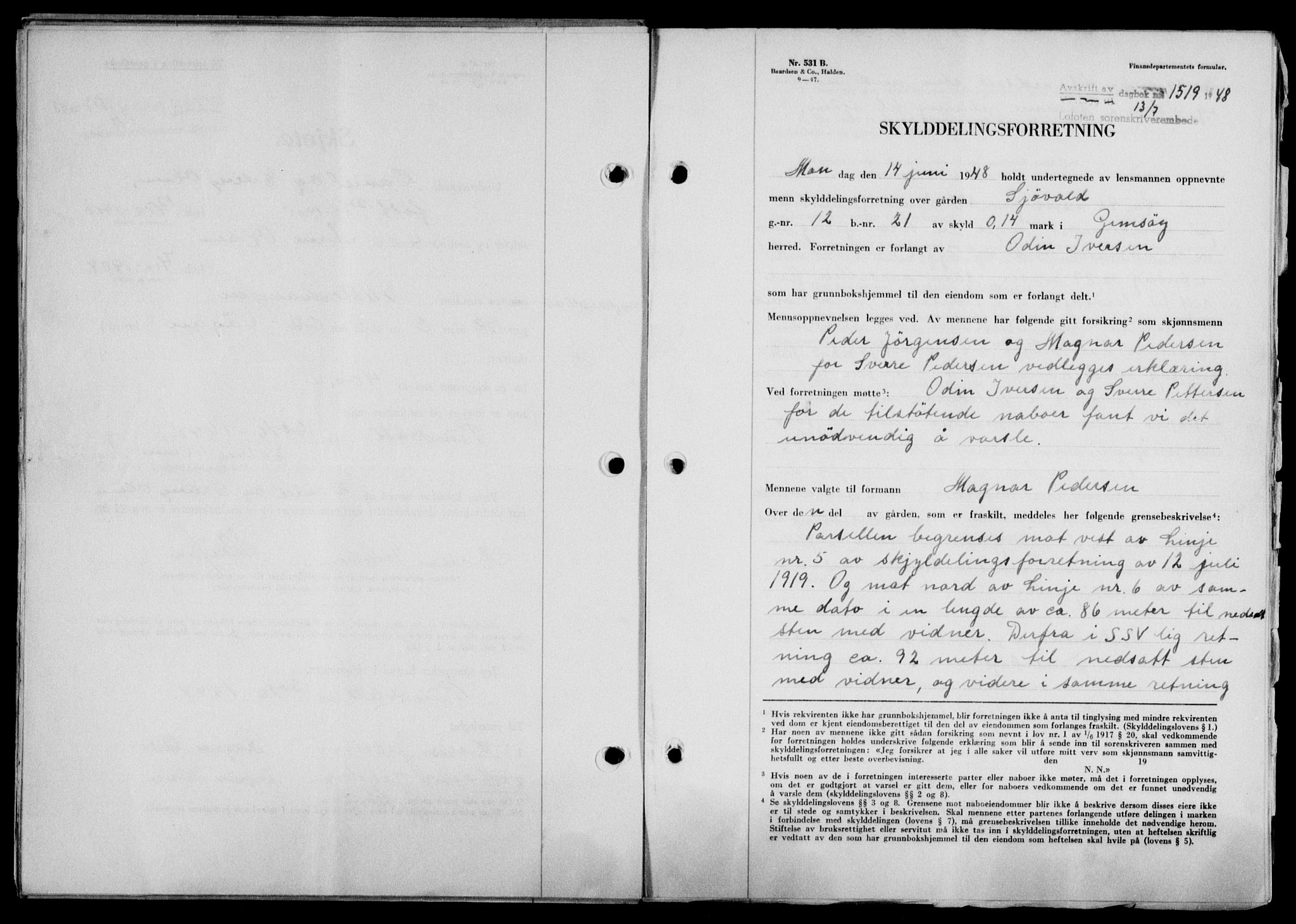 Lofoten sorenskriveri, SAT/A-0017/1/2/2C/L0018a: Mortgage book no. 18a, 1948-1948, Diary no: : 1519/1948