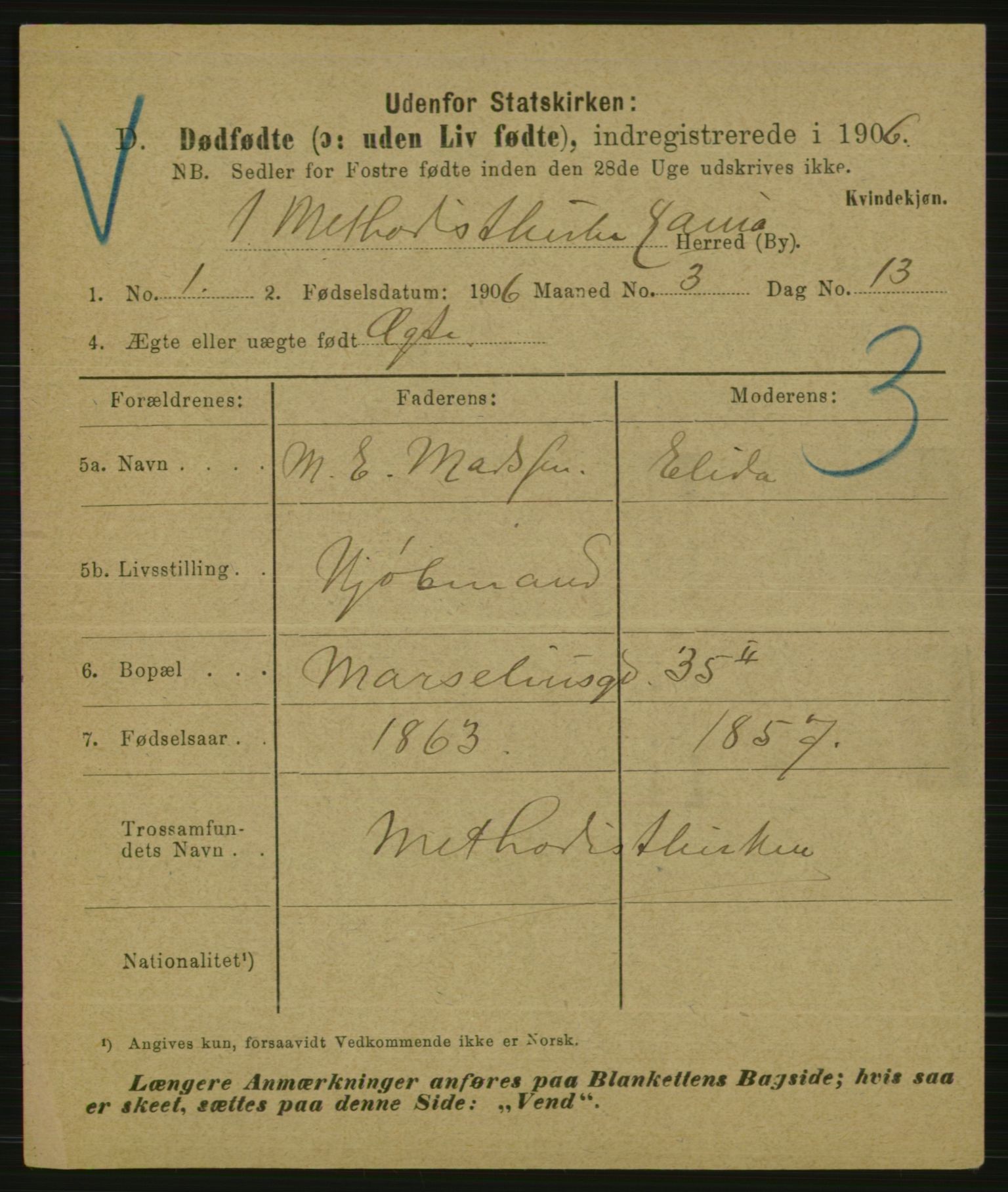 Statistisk sentralbyrå, Sosiodemografiske emner, Befolkning, AV/RA-S-2228/E/L0004: Fødte, gifte, døde dissentere., 1906, p. 2979