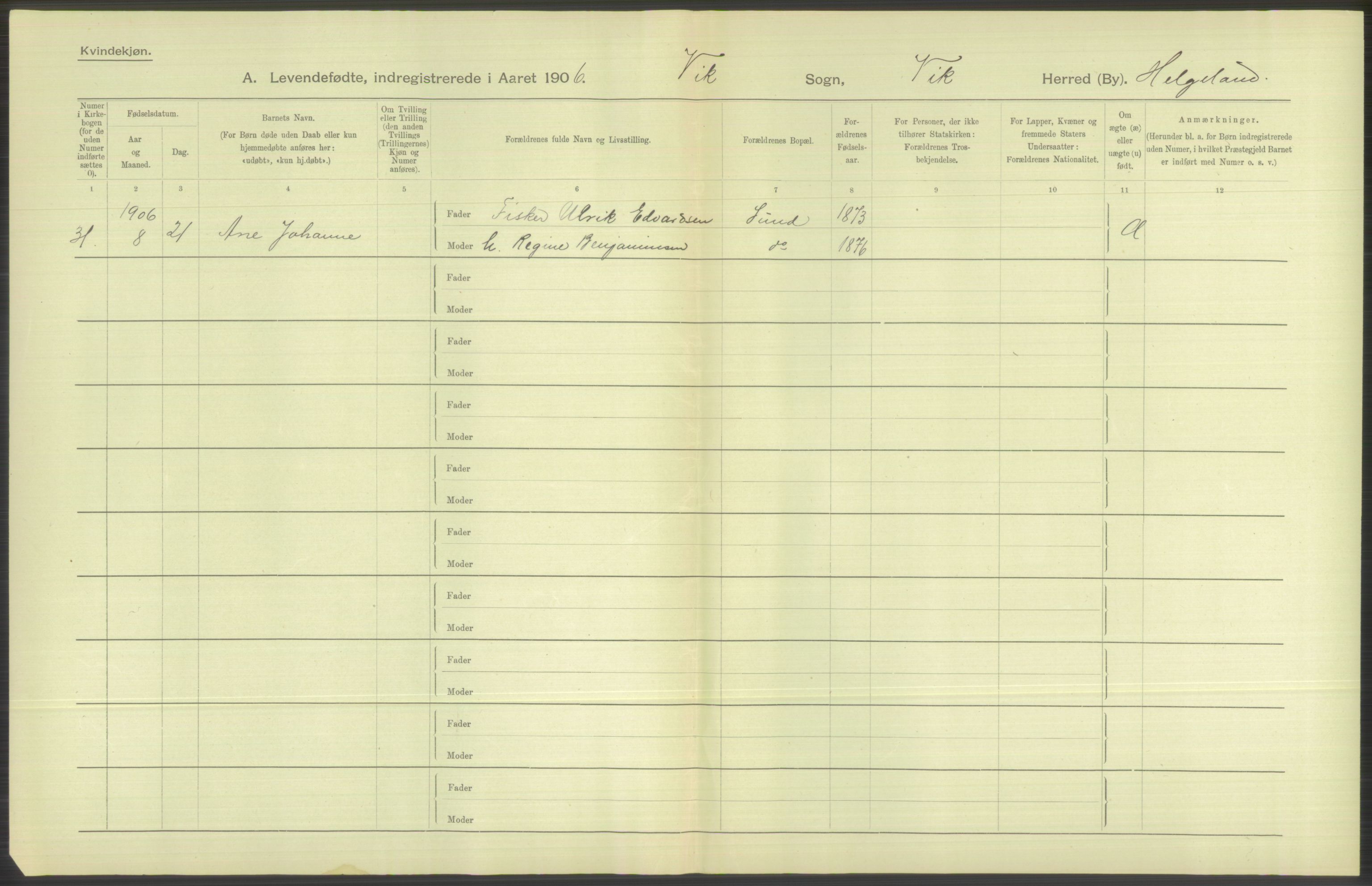Statistisk sentralbyrå, Sosiodemografiske emner, Befolkning, AV/RA-S-2228/D/Df/Dfa/Dfad/L0043: Nordlands amt: Levendefødte menn og kvinner. Bygder., 1906, p. 38