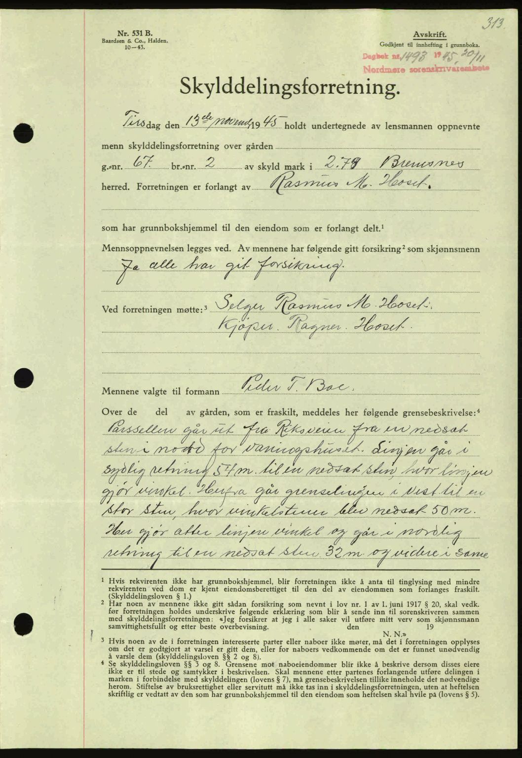 Nordmøre sorenskriveri, AV/SAT-A-4132/1/2/2Ca: Mortgage book no. A100a, 1945-1945, Diary no: : 1498/1945