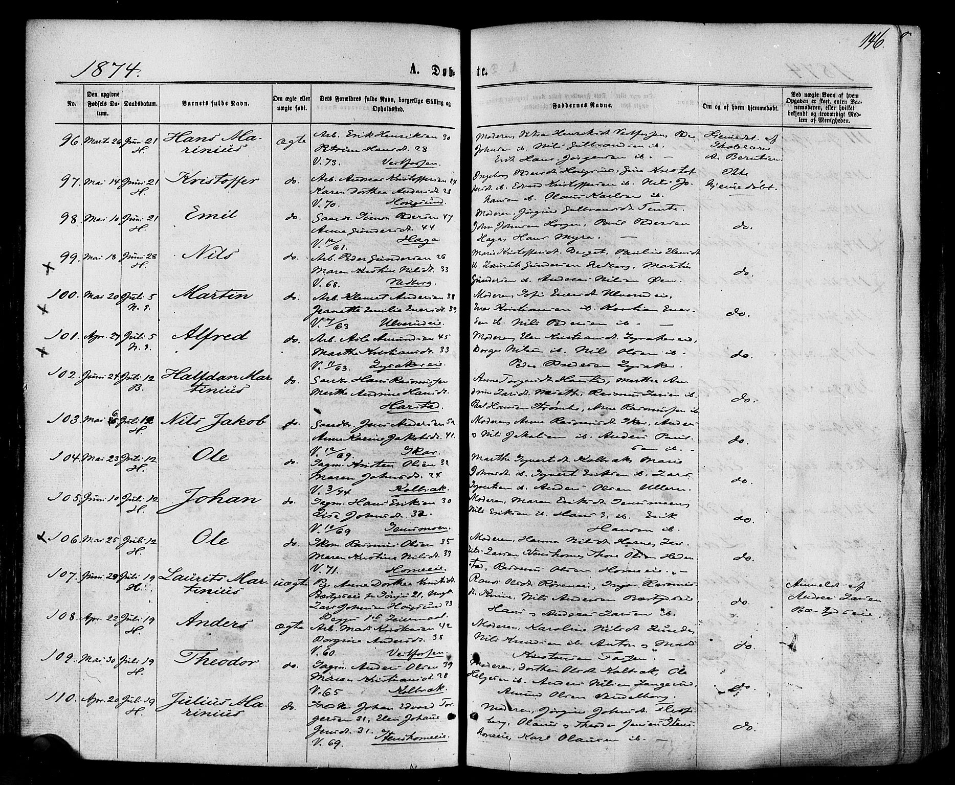 Eiker kirkebøker, SAKO/A-4/F/Fa/L0017: Parish register (official) no. I 17, 1869-1877, p. 146