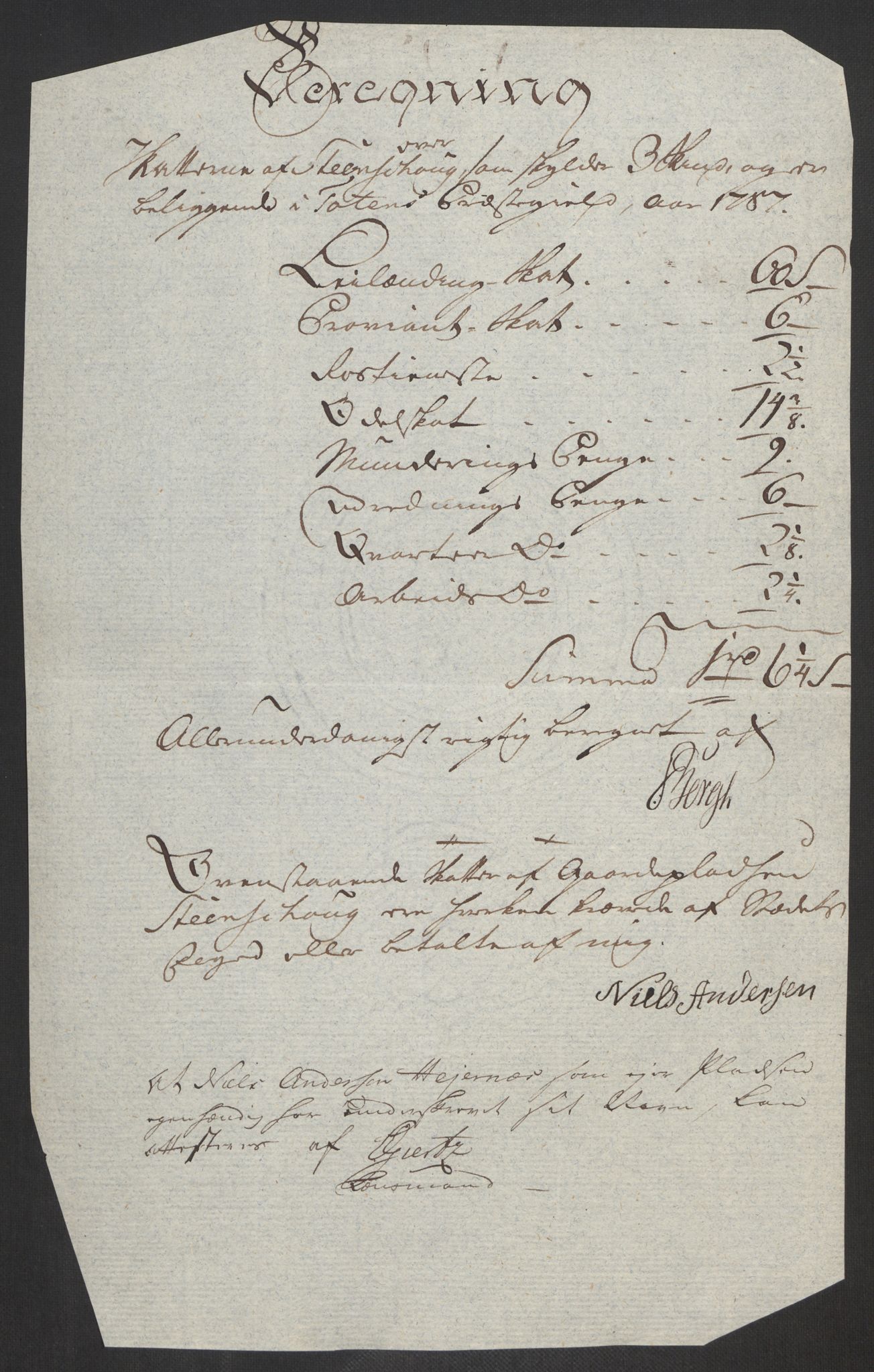 Rentekammeret inntil 1814, Reviderte regnskaper, Fogderegnskap, AV/RA-EA-4092/R19/L1374: Fogderegnskap Toten, Hadeland og Vardal, 1787, p. 286