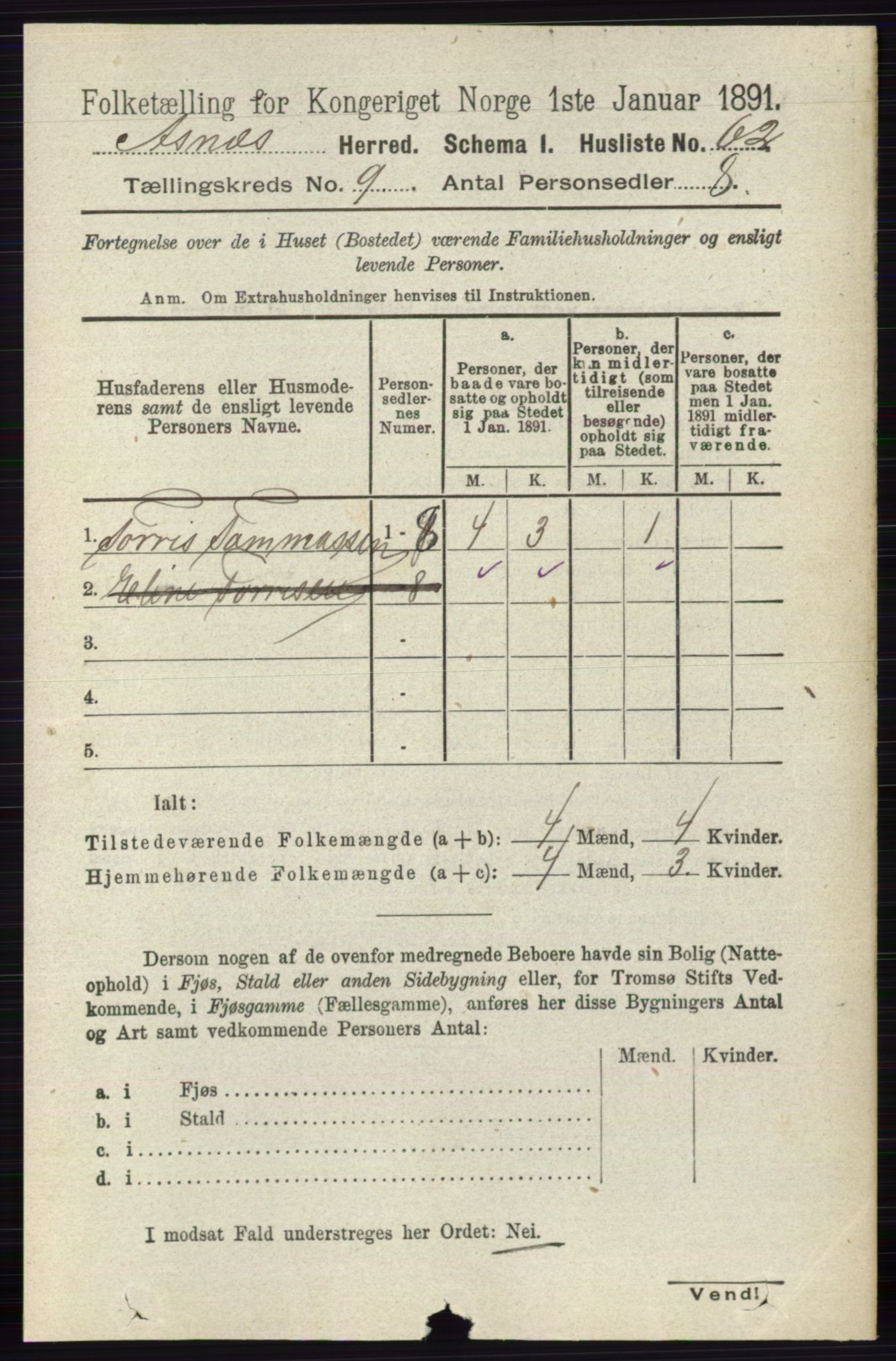 RA, 1891 census for 0425 Åsnes, 1891, p. 4609