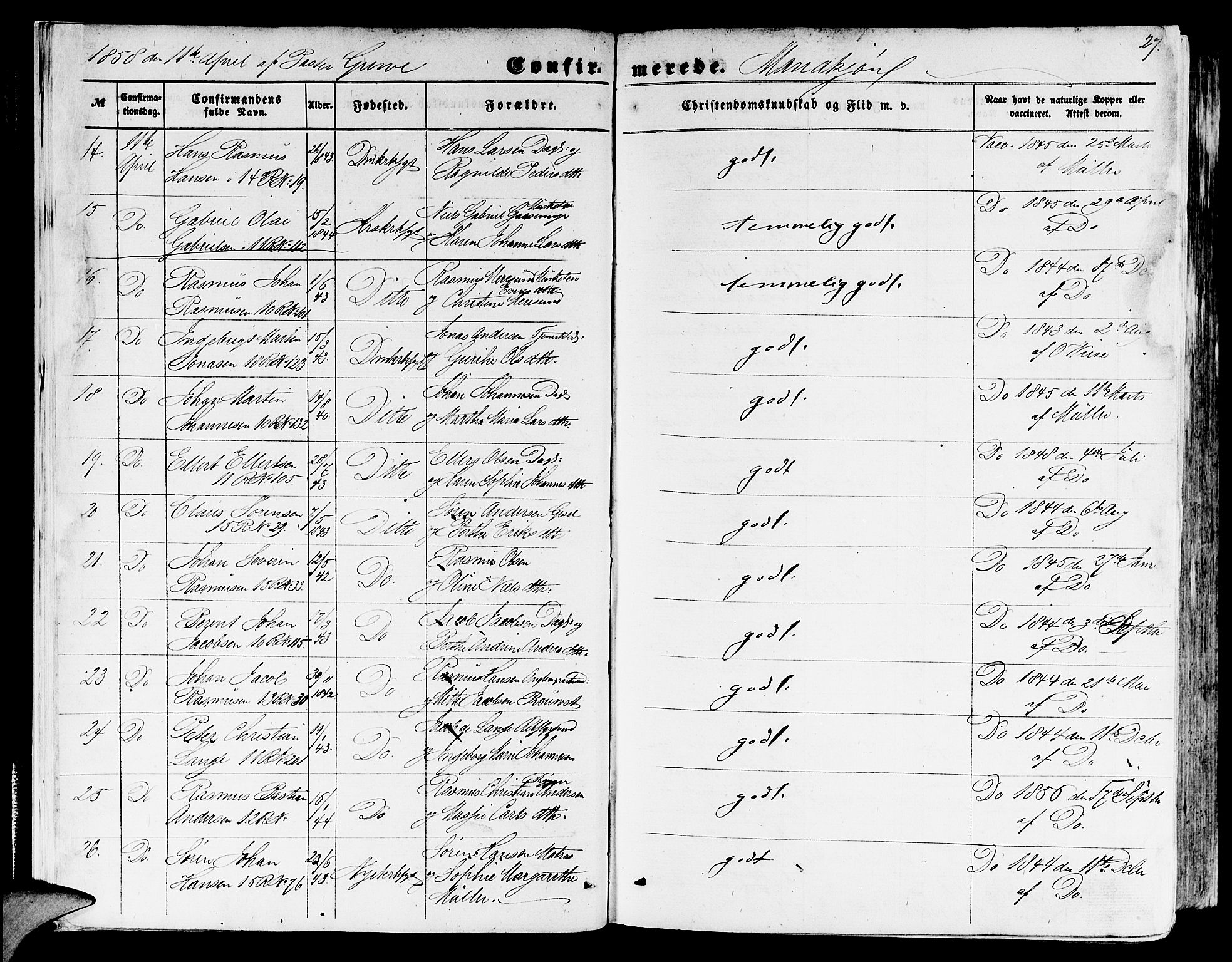 Domkirken sokneprestembete, SAB/A-74801/H/Hab/L0023: Parish register (copy) no. C 3, 1854-1880, p. 27
