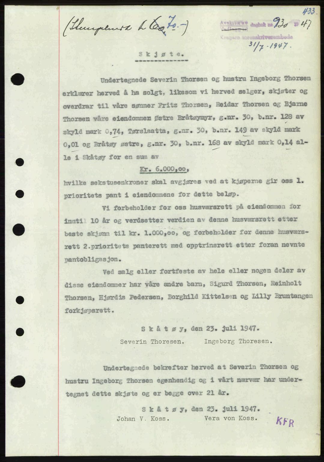 Kragerø sorenskriveri, AV/SAKO-A-65/G/Ga/Gab/L0061: Mortgage book no. A-61, 1947-1947, Diary no: : 930/1947