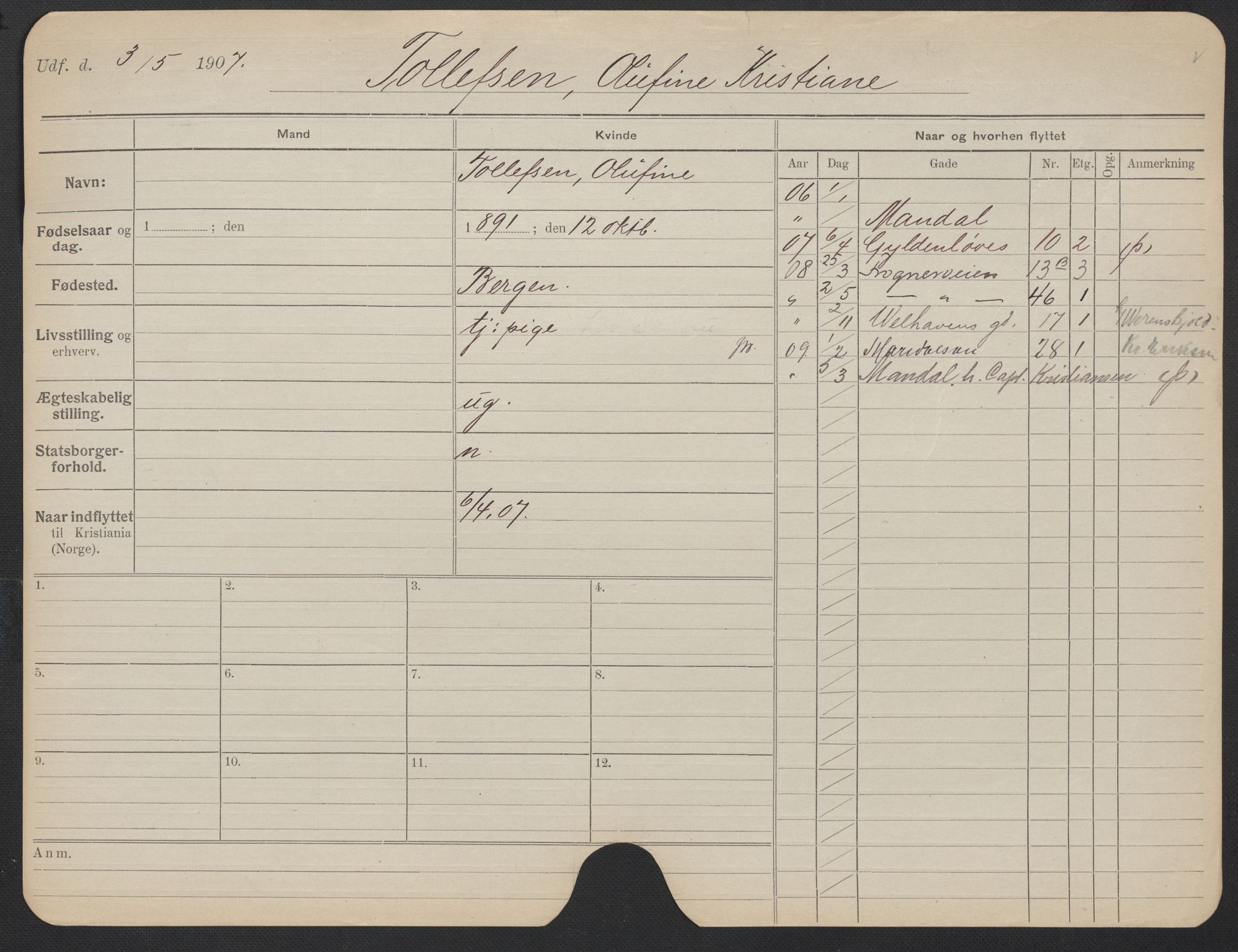 Oslo folkeregister, Registerkort, AV/SAO-A-11715/F/Fa/Fac/L0024: Kvinner, 1906-1914, p. 1152a