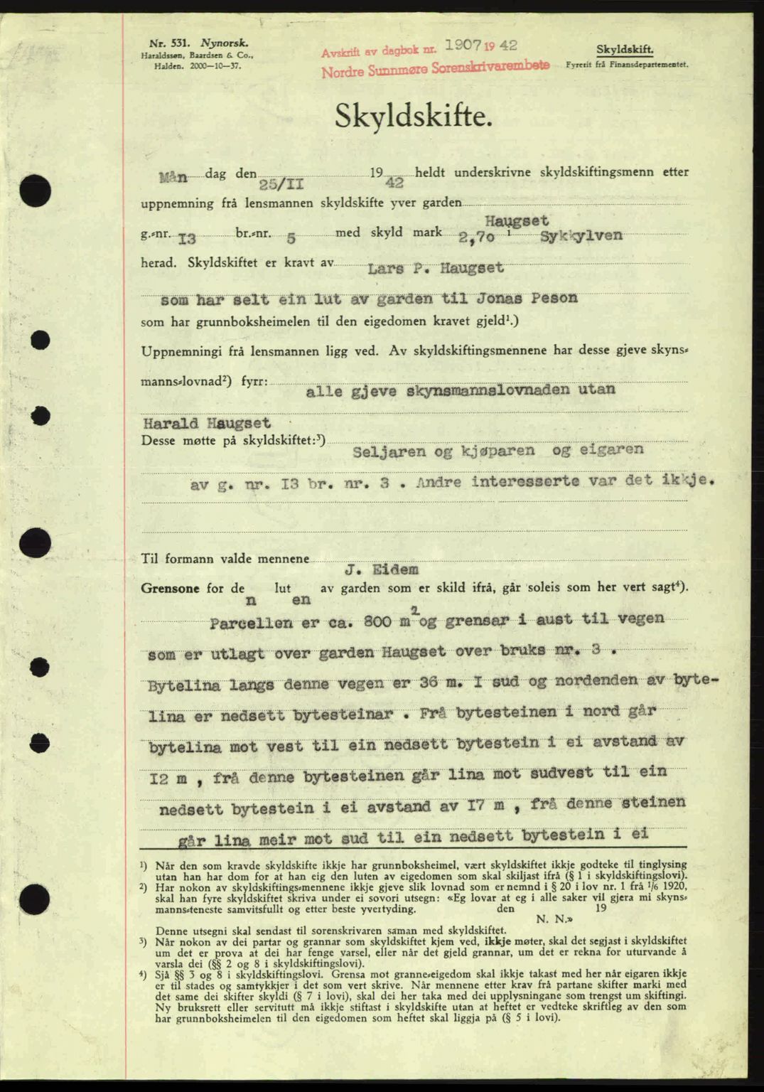 Nordre Sunnmøre sorenskriveri, AV/SAT-A-0006/1/2/2C/2Ca: Mortgage book no. A15, 1942-1943, Diary no: : 1907/1942