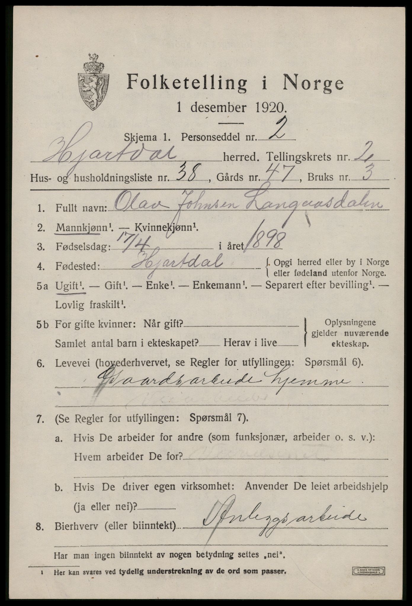 SAKO, 1920 census for Hjartdal, 1920, p. 2220