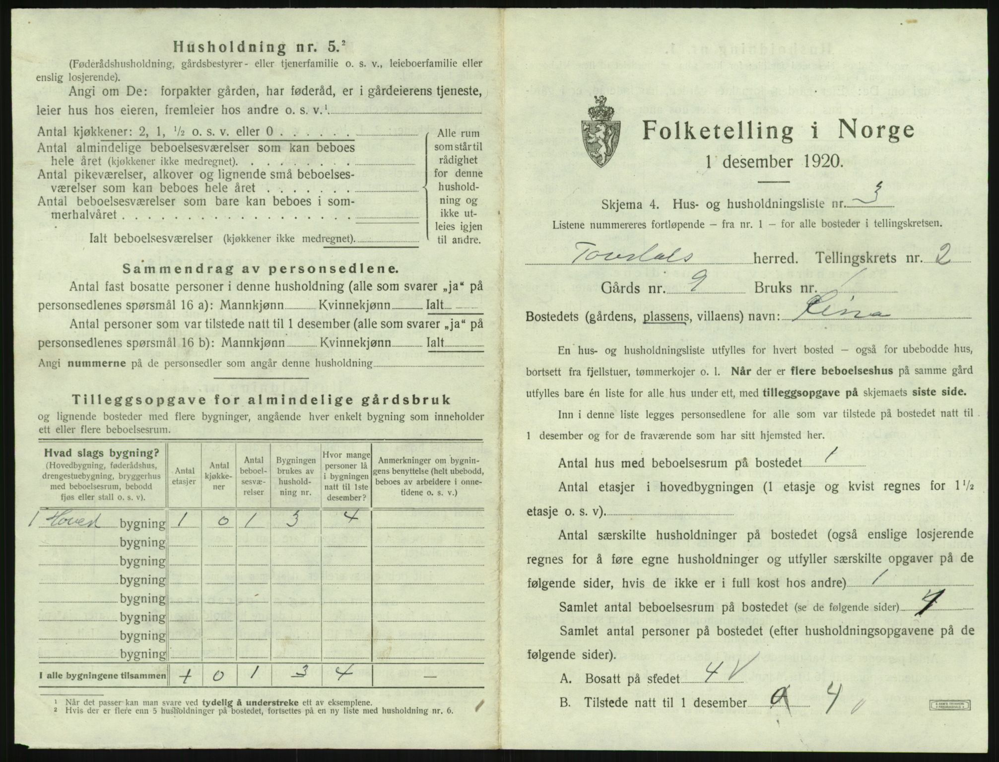 SAK, 1920 census for Tovdal, 1920, p. 45