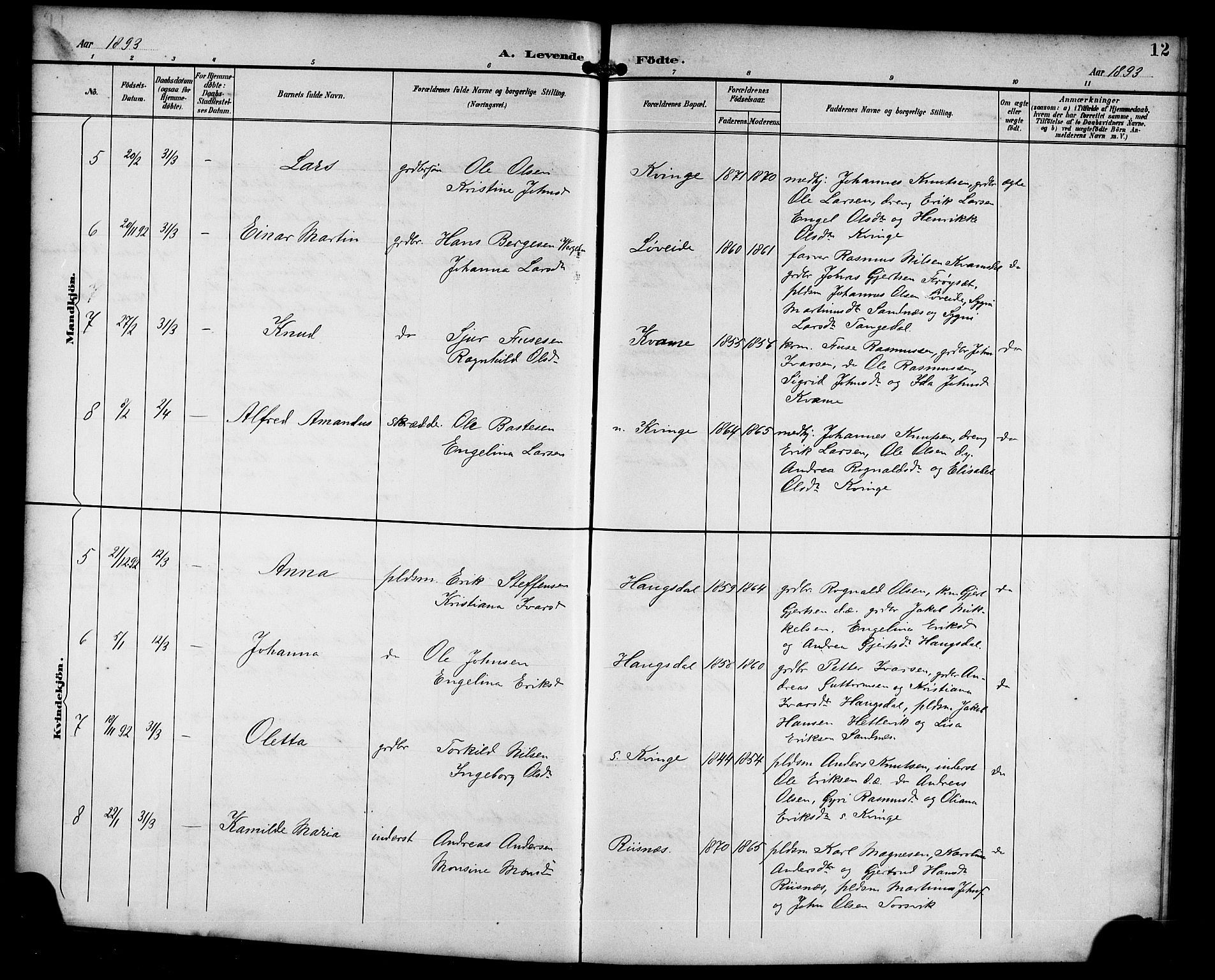 Masfjorden Sokneprestembete, AV/SAB-A-77001: Parish register (copy) no. B 1, 1892-1913, p. 12