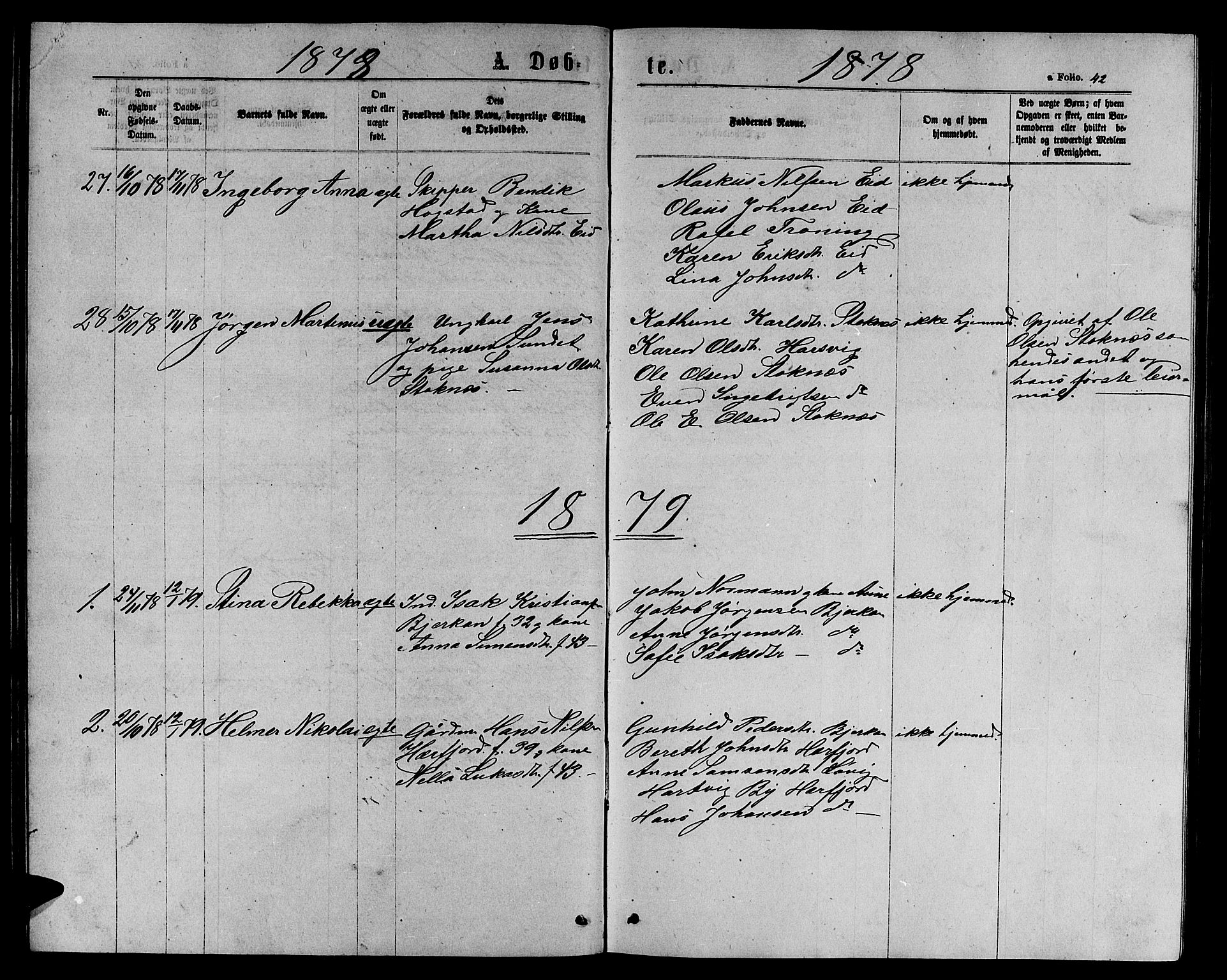 Ministerialprotokoller, klokkerbøker og fødselsregistre - Sør-Trøndelag, SAT/A-1456/656/L0695: Parish register (copy) no. 656C01, 1867-1889, p. 42