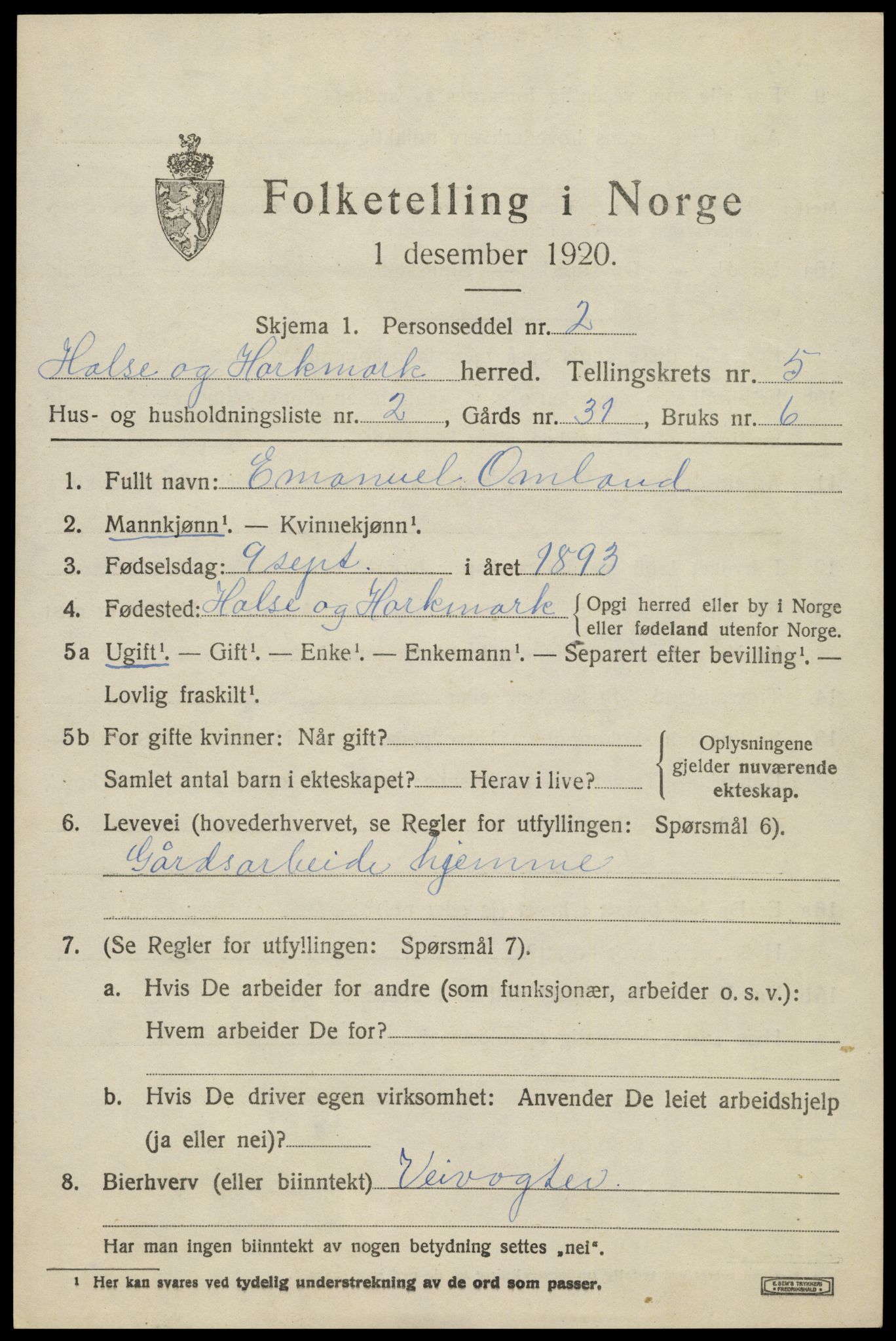 SAK, 1920 census for Halse og Harkmark, 1920, p. 3056