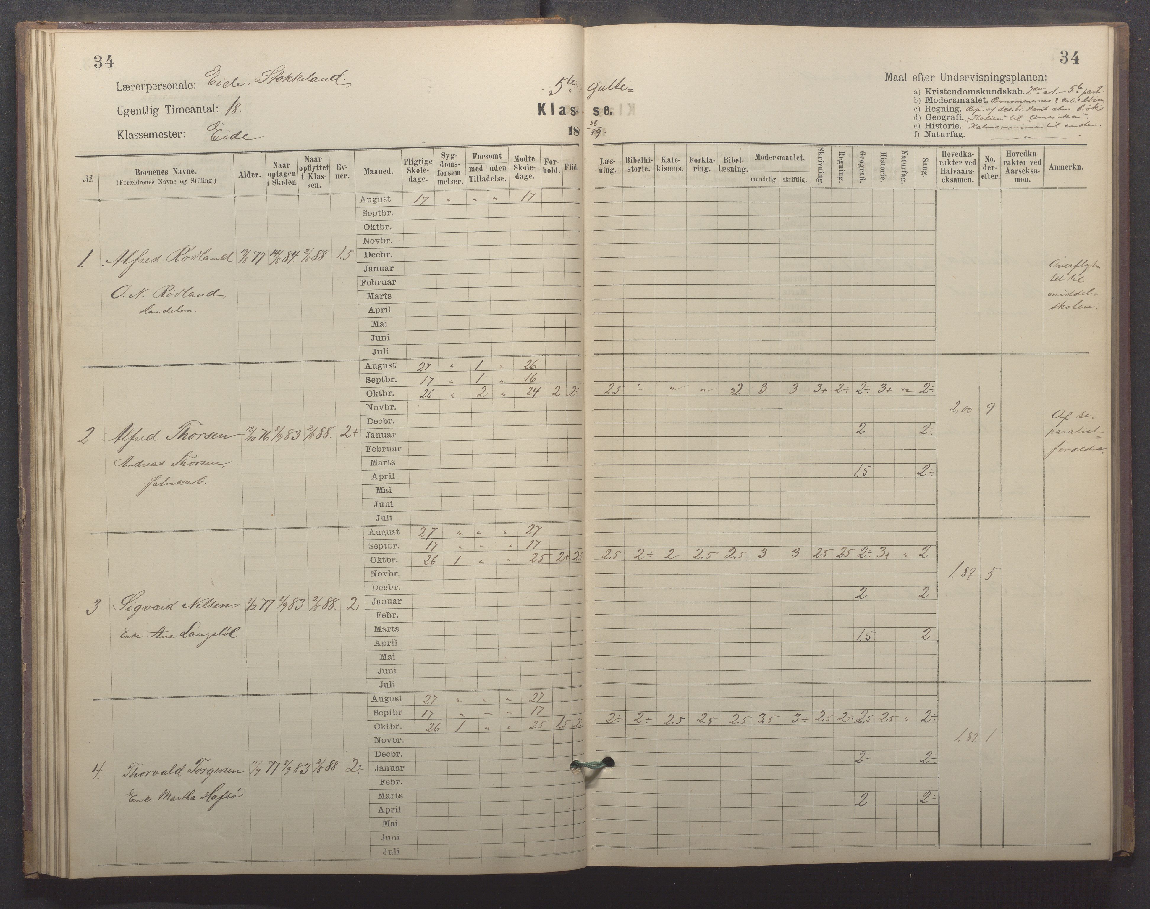 Egersund kommune (Ladested) - Egersund almueskole/folkeskole, IKAR/K-100521/H/L0022: Skoleprotokoll - Almueskolen, 5. klasse, 1886-1892, p. 34