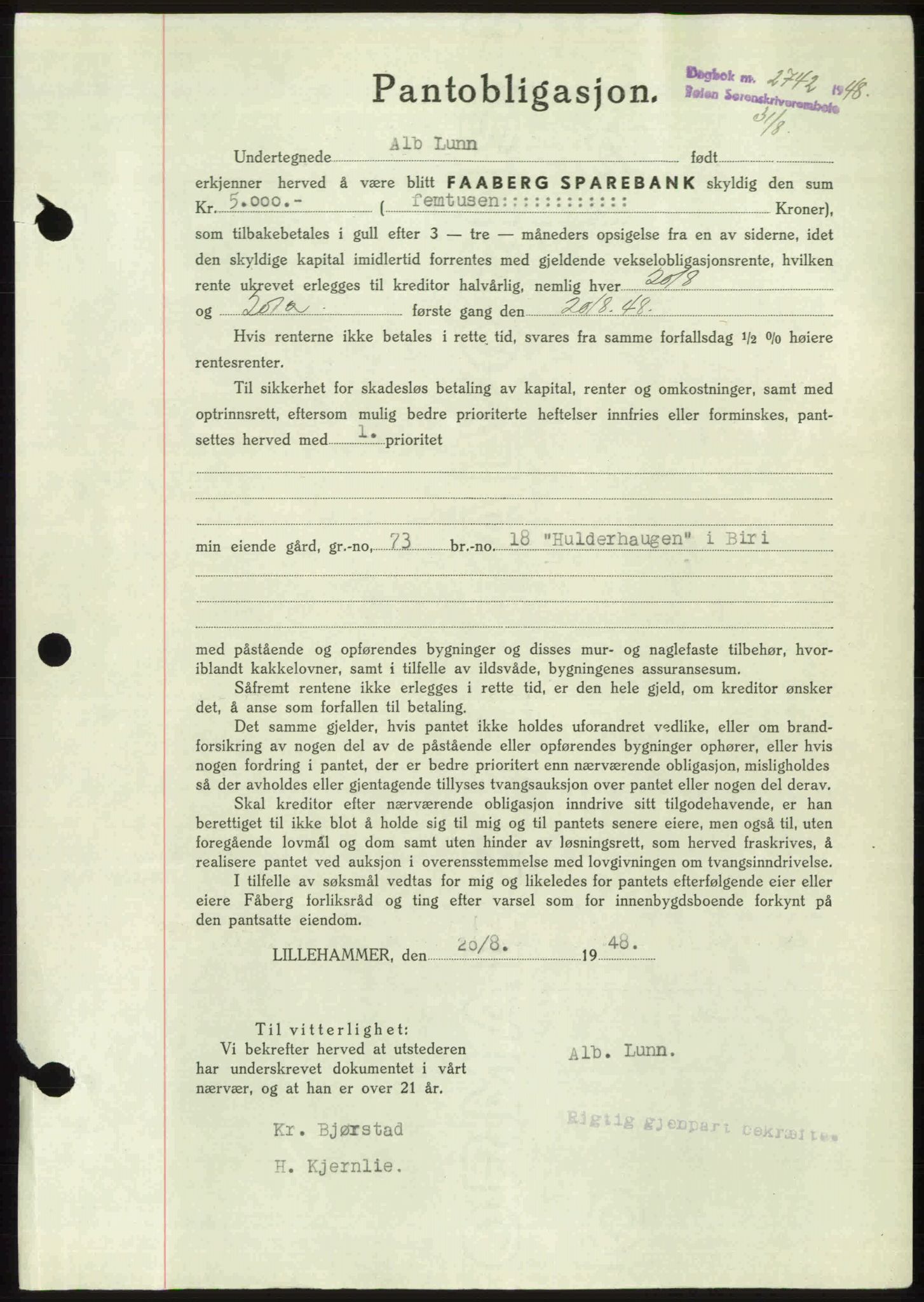 Toten tingrett, SAH/TING-006/H/Hb/Hbc/L0020: Mortgage book no. Hbc-20, 1948-1948, Diary no: : 2742/1948