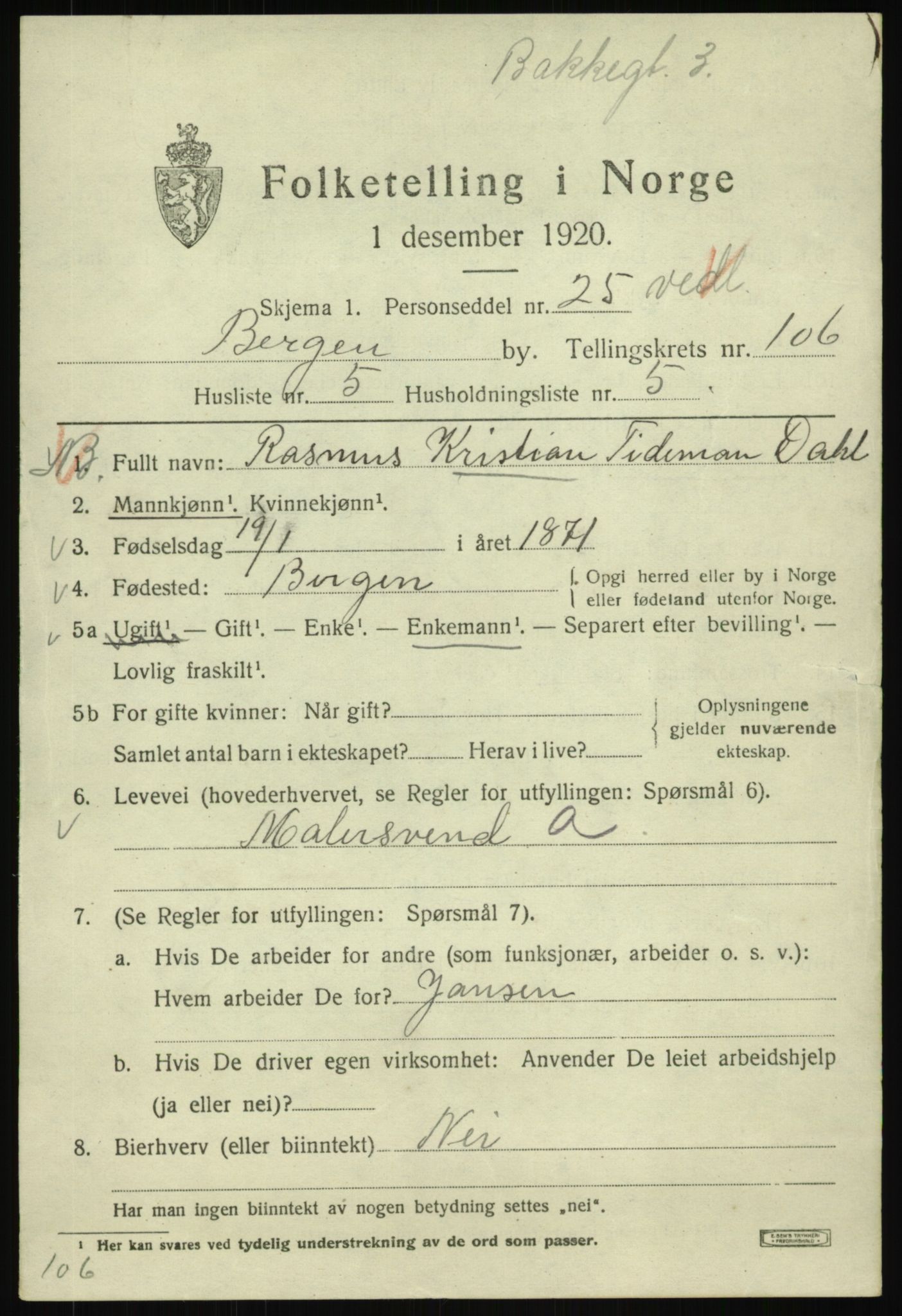 SAB, 1920 census for Bergen, 1920, p. 183956