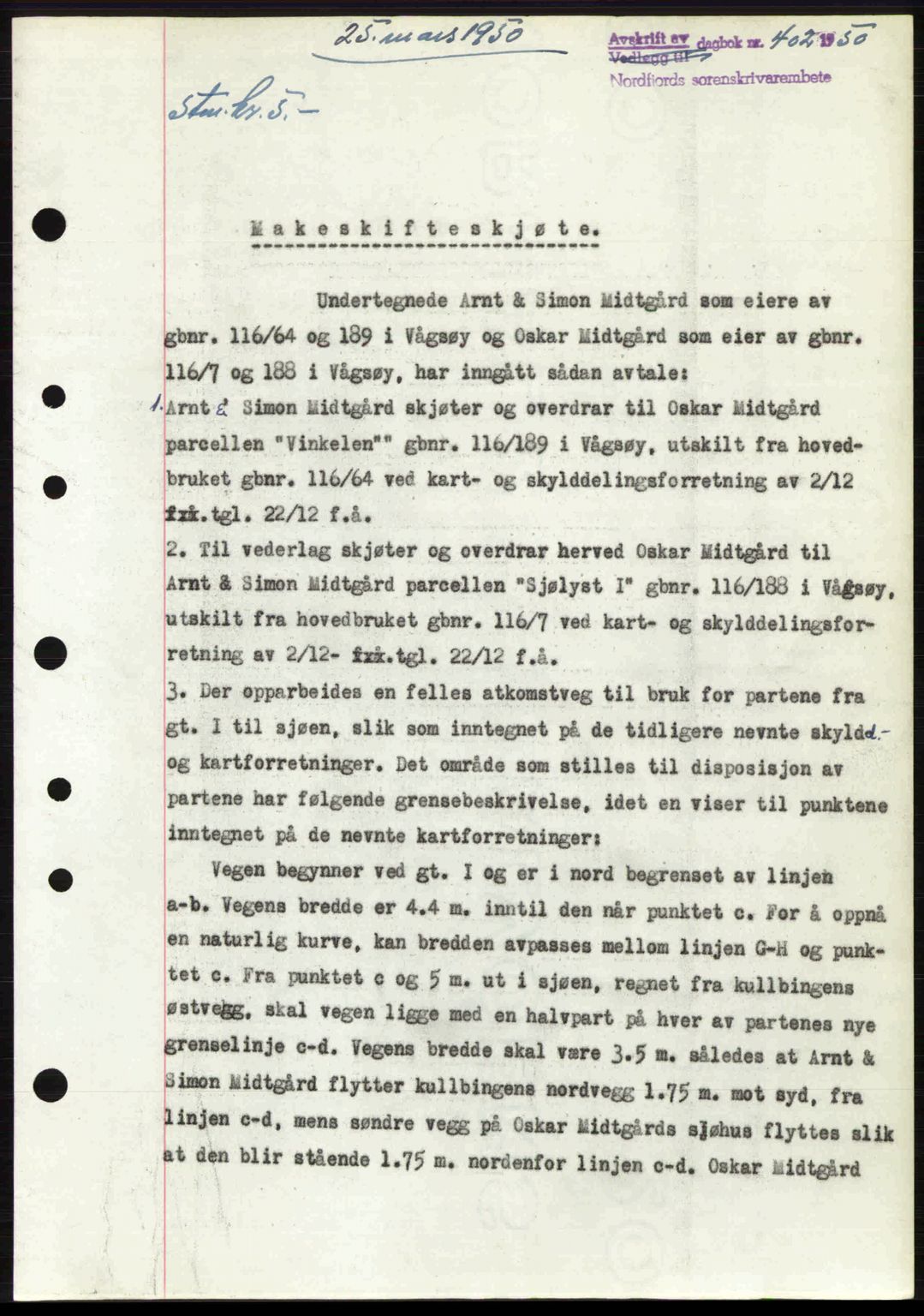 Nordfjord sorenskriveri, SAB/A-2801/02/02b/02bj/L0016a: Mortgage book no. A16 I, 1949-1950, Diary no: : 402/1950