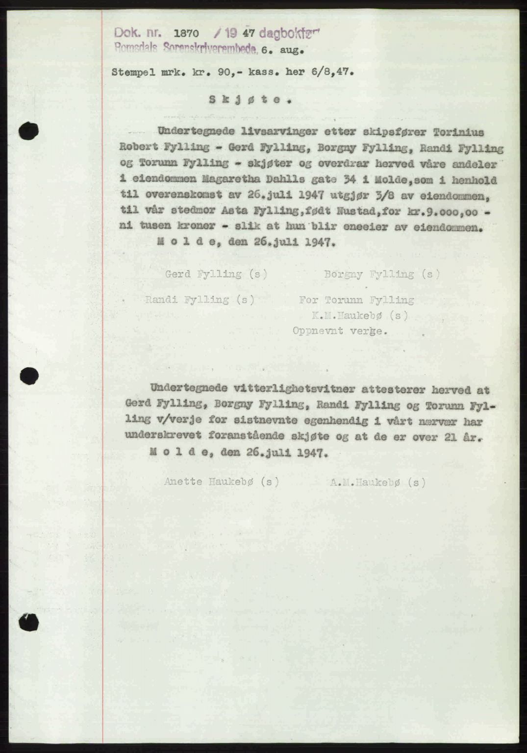 Romsdal sorenskriveri, AV/SAT-A-4149/1/2/2C: Mortgage book no. A23, 1947-1947, Diary no: : 1870/1947