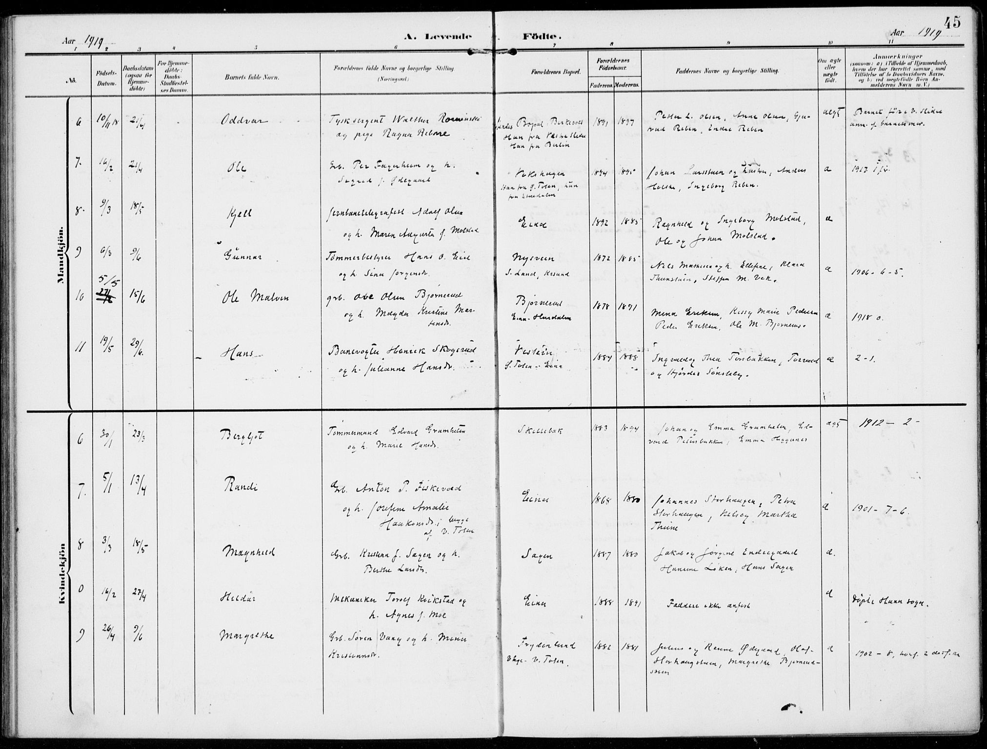Kolbu prestekontor, SAH/PREST-110/H/Ha/Haa/L0001: Parish register (official) no. 1, 1907-1923, p. 45