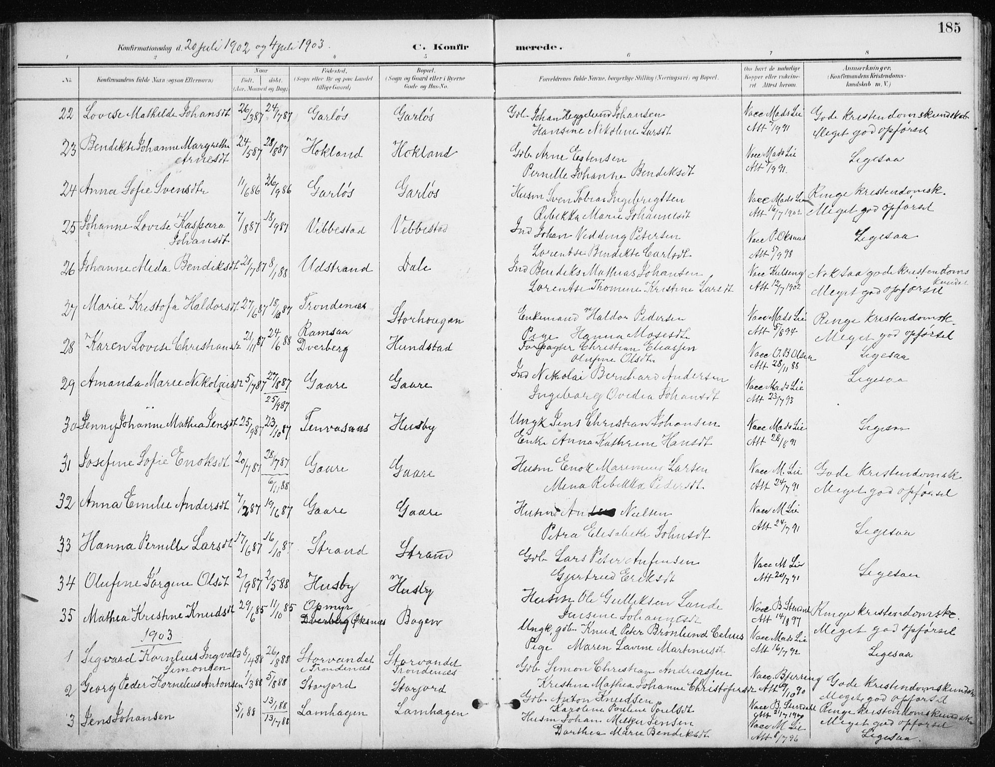 Kvæfjord sokneprestkontor, SATØ/S-1323/G/Ga/Gaa/L0006kirke: Parish register (official) no. 6, 1895-1914, p. 185