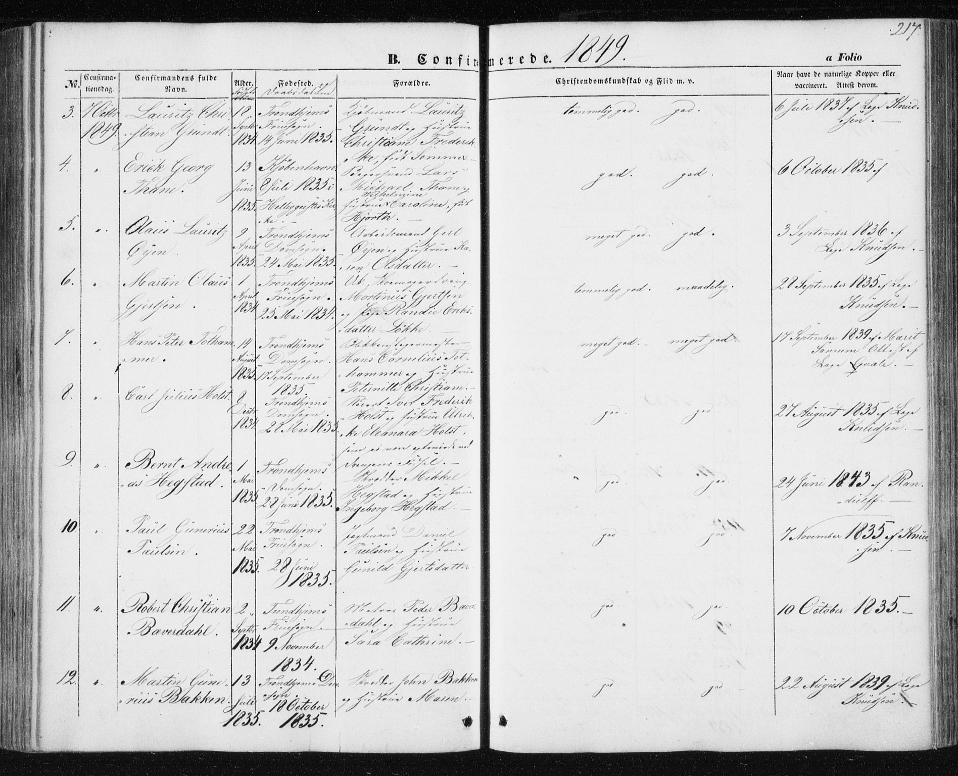 Ministerialprotokoller, klokkerbøker og fødselsregistre - Sør-Trøndelag, AV/SAT-A-1456/602/L0112: Parish register (official) no. 602A10, 1848-1859, p. 217